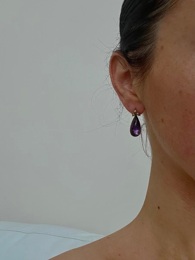 Antique Gold Cabochon Amethyst and Pearl Drop Earrings - 3
