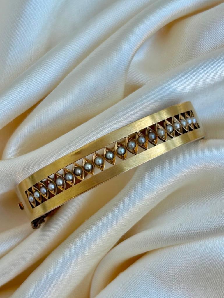 Antique 15ct Gold Pearl Wide Bangle Bracelet - 3