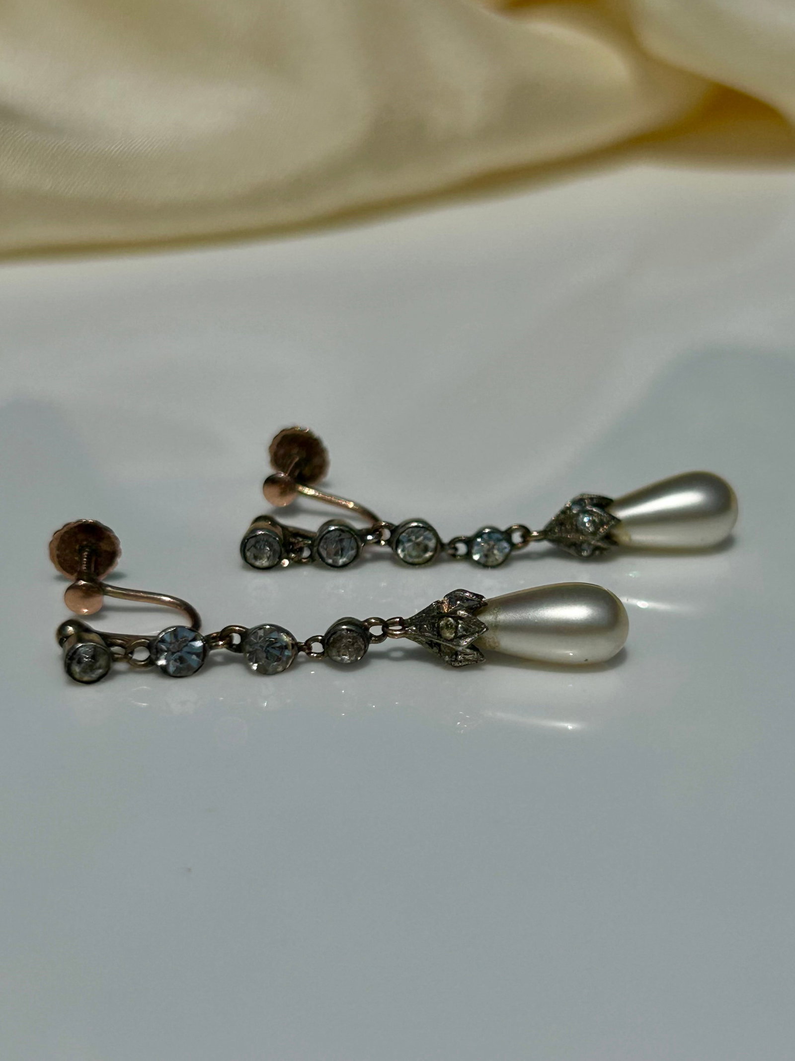 Antique 9ct Yellow Gold Paste & Pearl Drop Earrings / Screw Fittings - 2