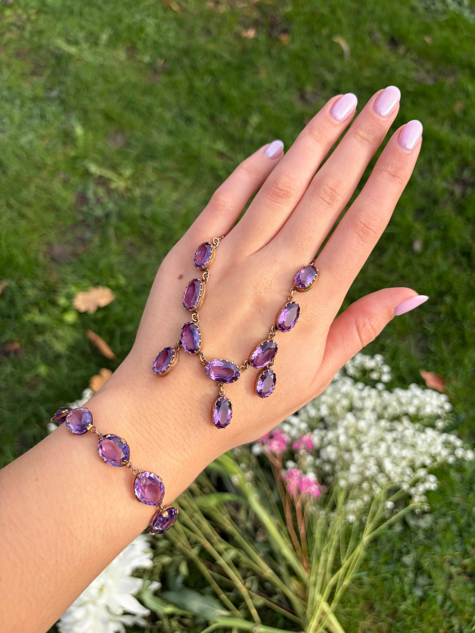 Chunky Antique 9ct Yellow Gold Amethyst Drop Detail Necklace - 10