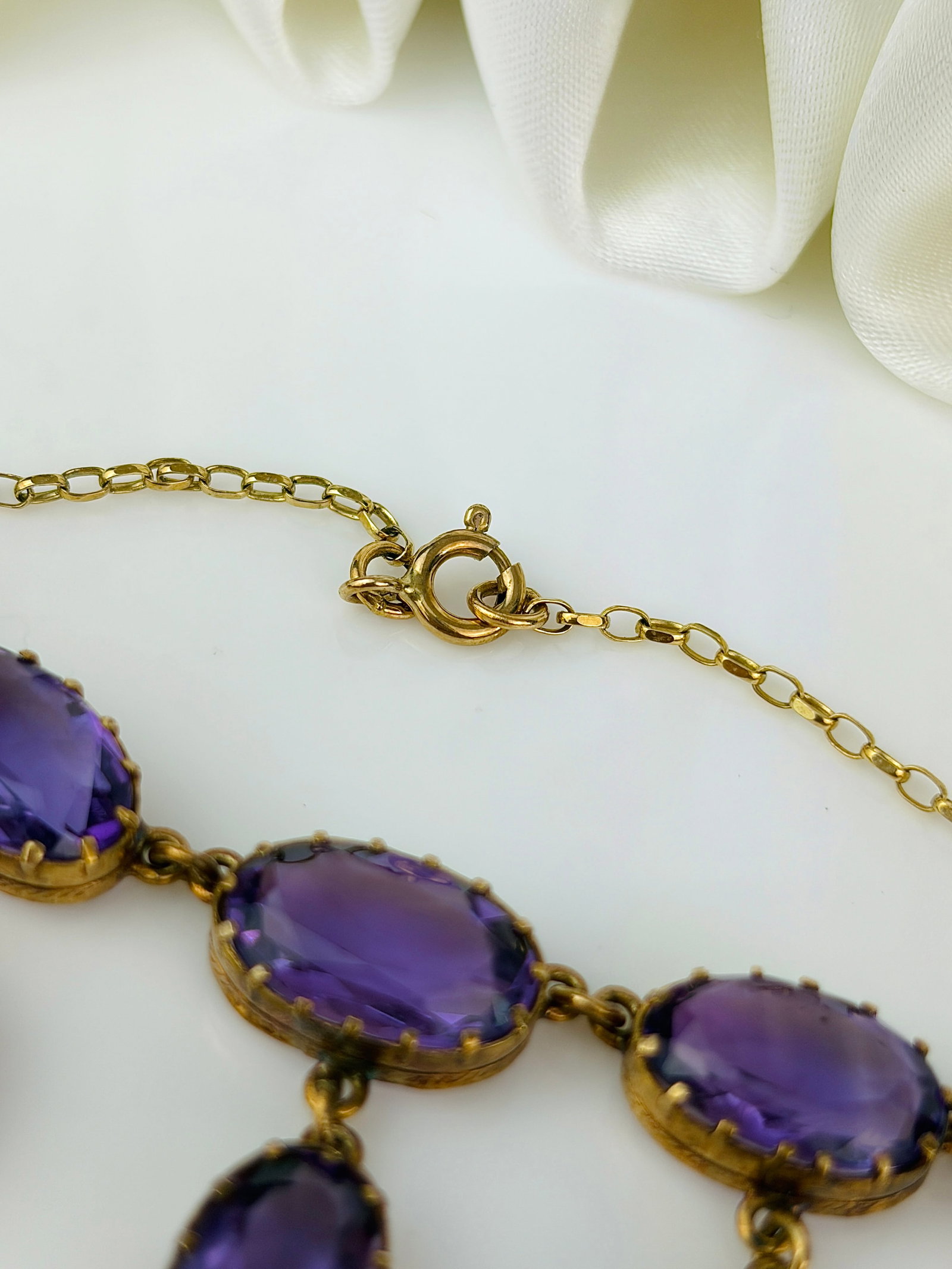 Chunky Antique 9ct Yellow Gold Amethyst Drop Detail Necklace - 6