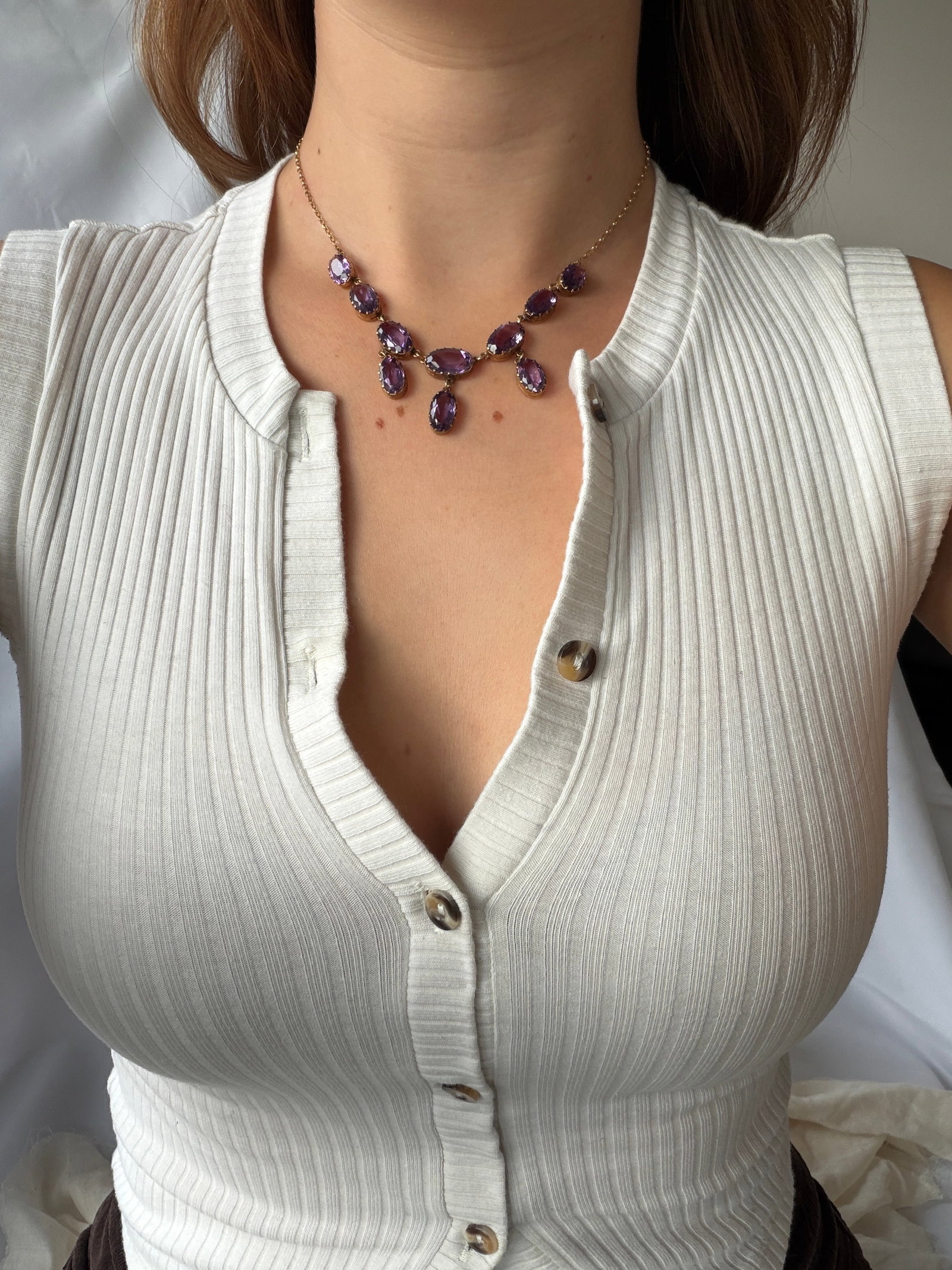 Chunky Antique 9ct Yellow Gold Amethyst Drop Detail Necklace - 8