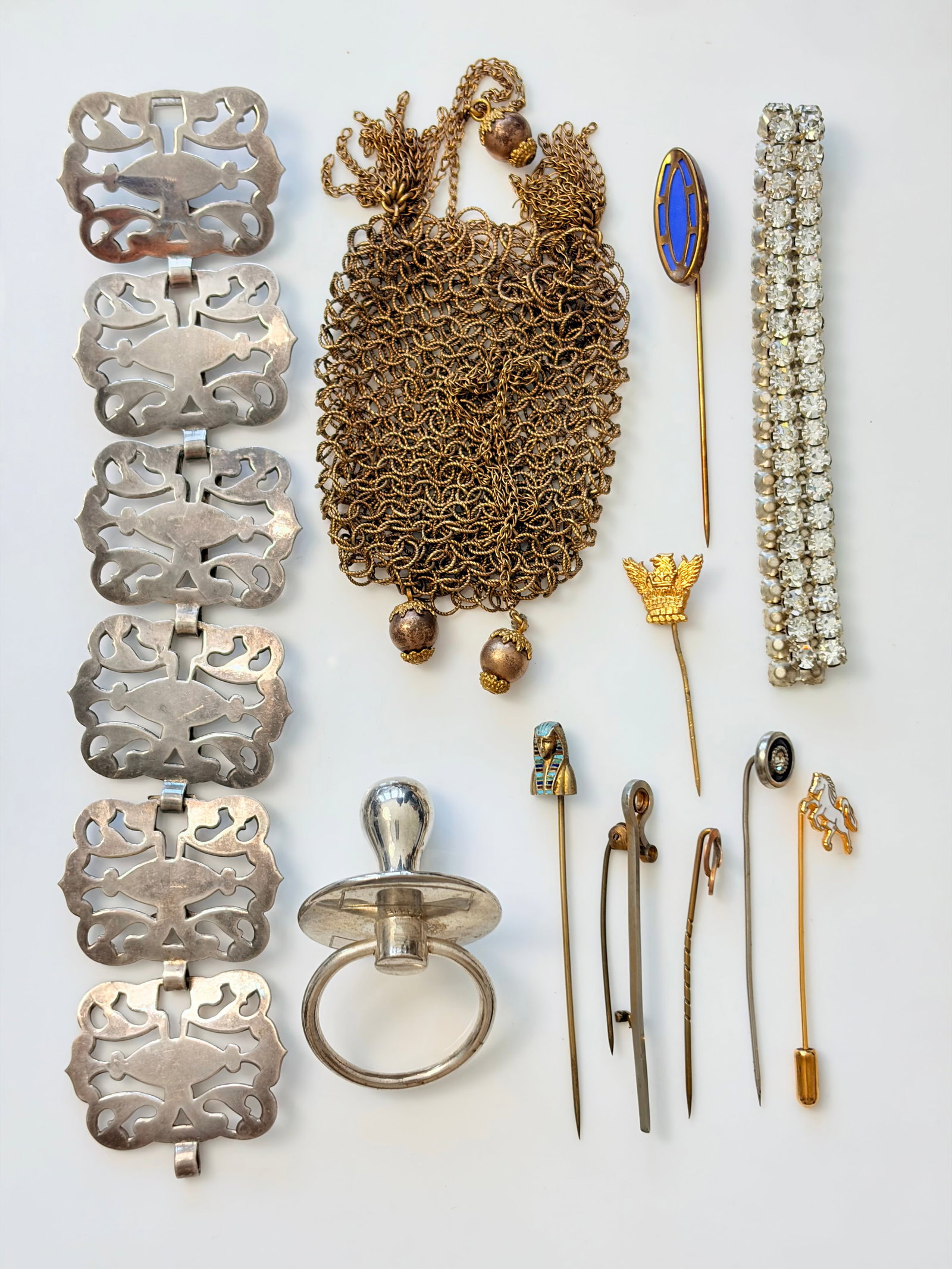 MIXED LOT - CHUNKY BRACELET, STICK PIN BROOCHES ETC: MIXED LOT - CHUNKY BRACELET, STICK PIN BROOCHES ETC