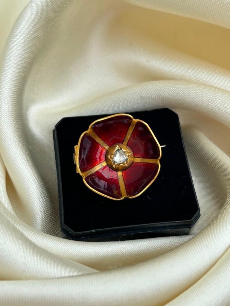Large Antique 18ct Yellow Gold Rose Cut Diamond and Enamel Flower Brooch - 7