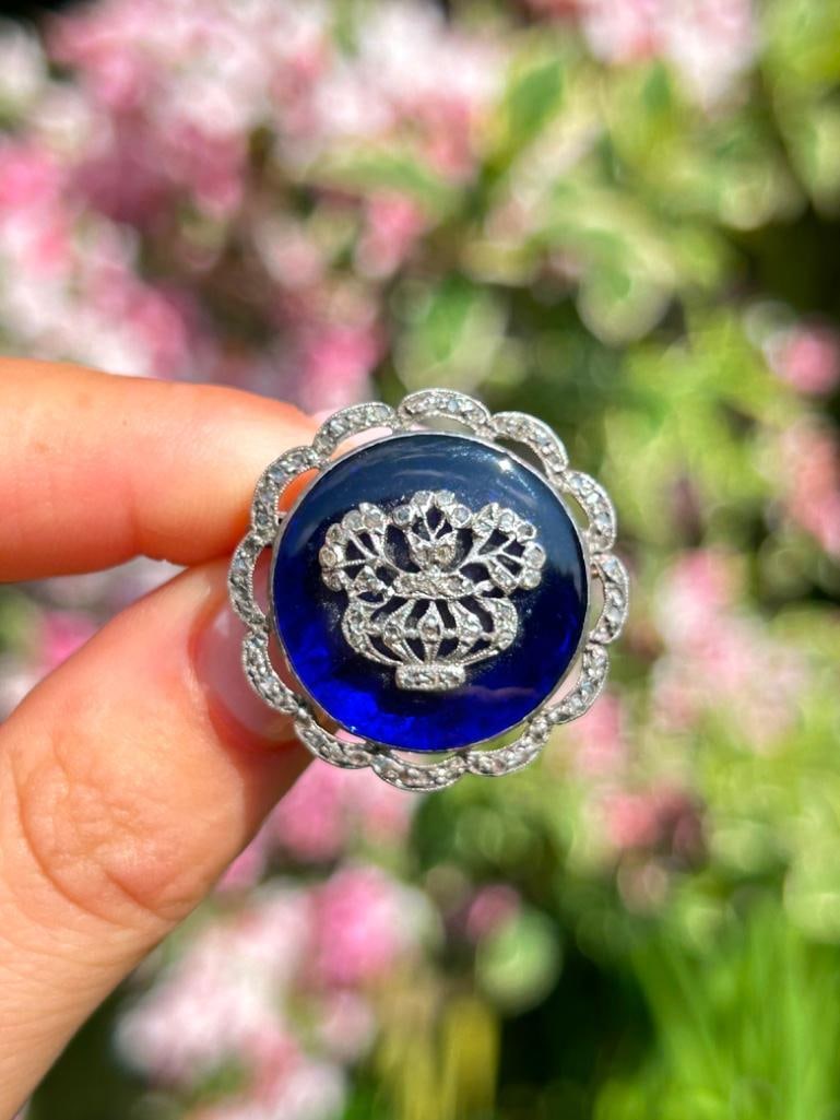 Antique Rose Cut Diamond and Bristol Blue Glass Floral Brooch (1 of 8)