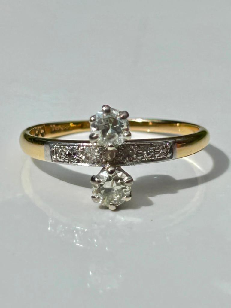 Antique Moi et Toi Diamond Ring in 18ct White and Yellow Gold: Antique Moi et Toi Diamond Ring in 18ct White and Yellow Gold sweet and beautiful moi et toi measurements size UK Q US 81/2 head of ring 10mm x 4mm weight 2.84g stamped 18