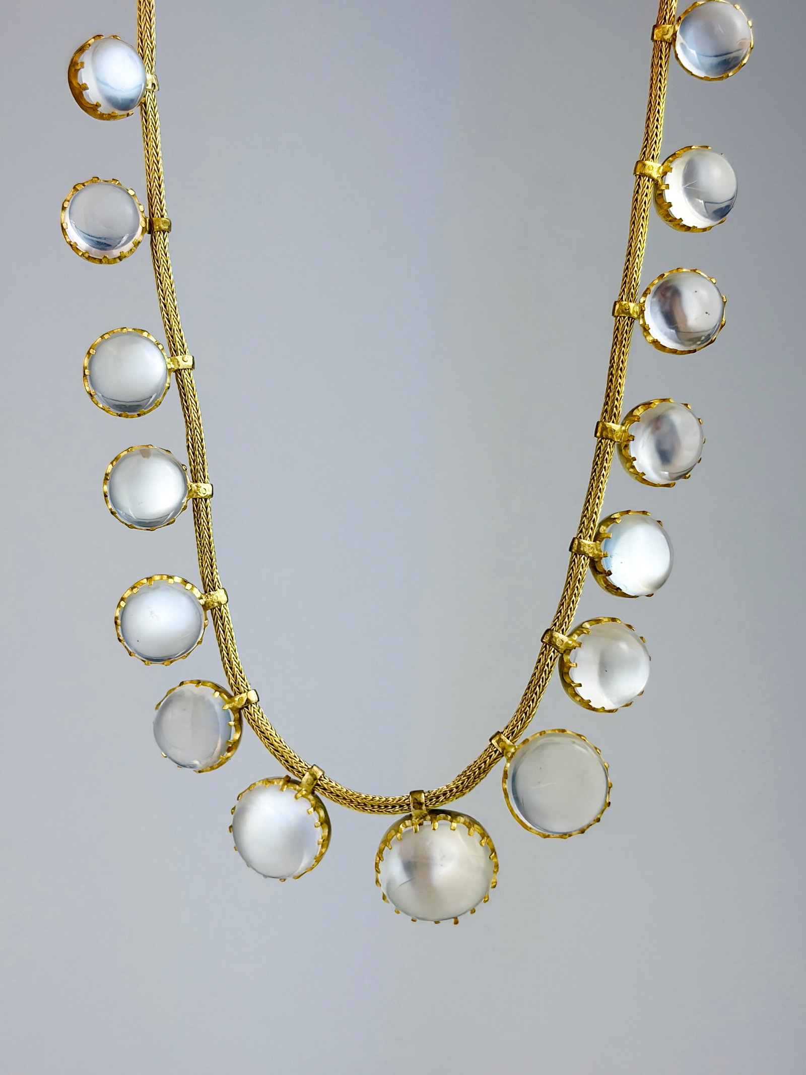 ANTIQUE SILVER GILD MOONSTONE NECKLACE: ANTIQUE SILVER GILD MOONSTONE NECKLACE Sits so beautifully! Weight: 17.81g Size: Length 42cm, width 16mm Materials: Silver gilt, moonstone Hallmarks: None present Condition: Very