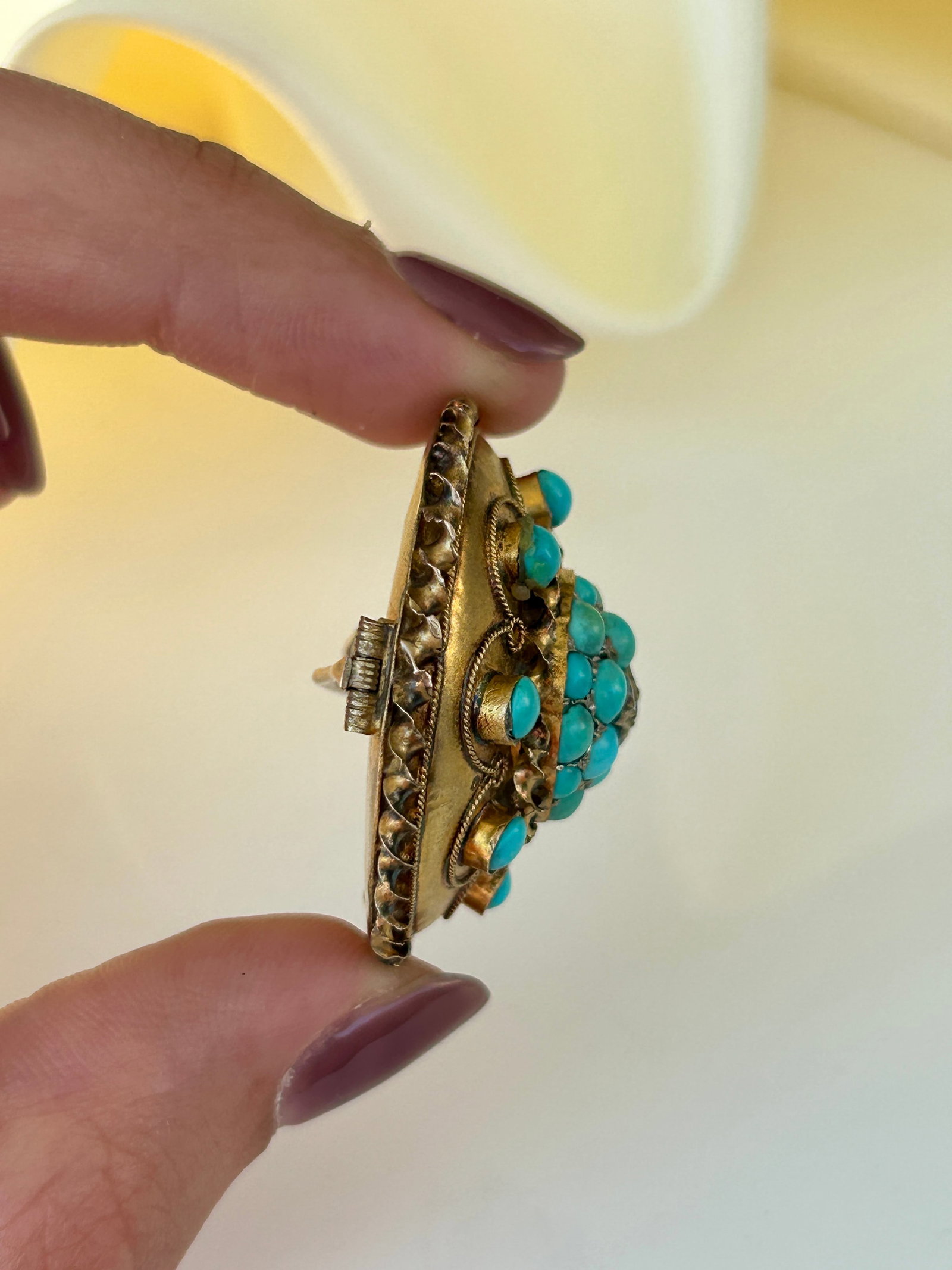 Antique 15ct Gold Turquoise and Diamond Brooch - 5