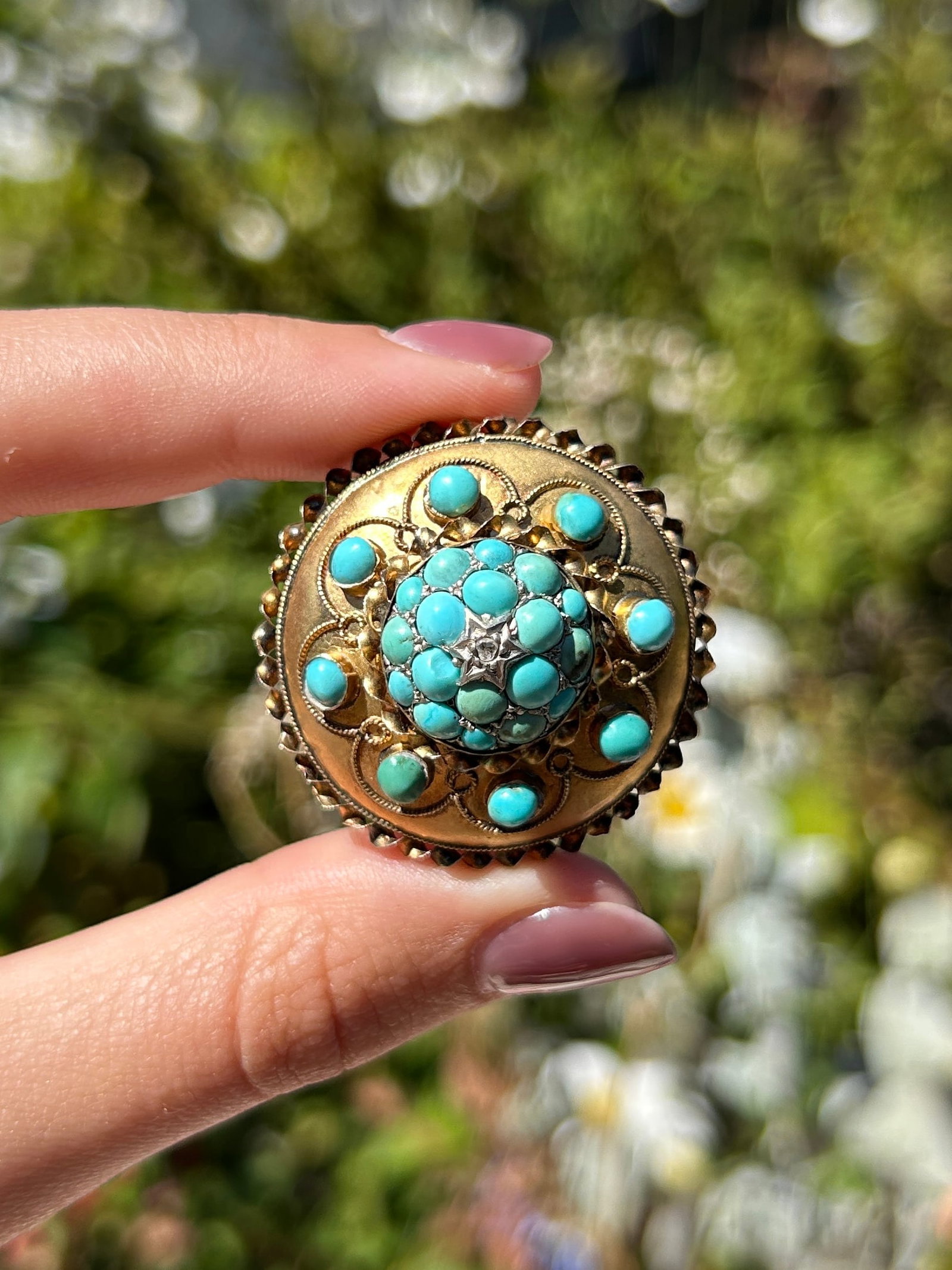 Antique 15ct Gold Turquoise and Diamond Brooch - 9