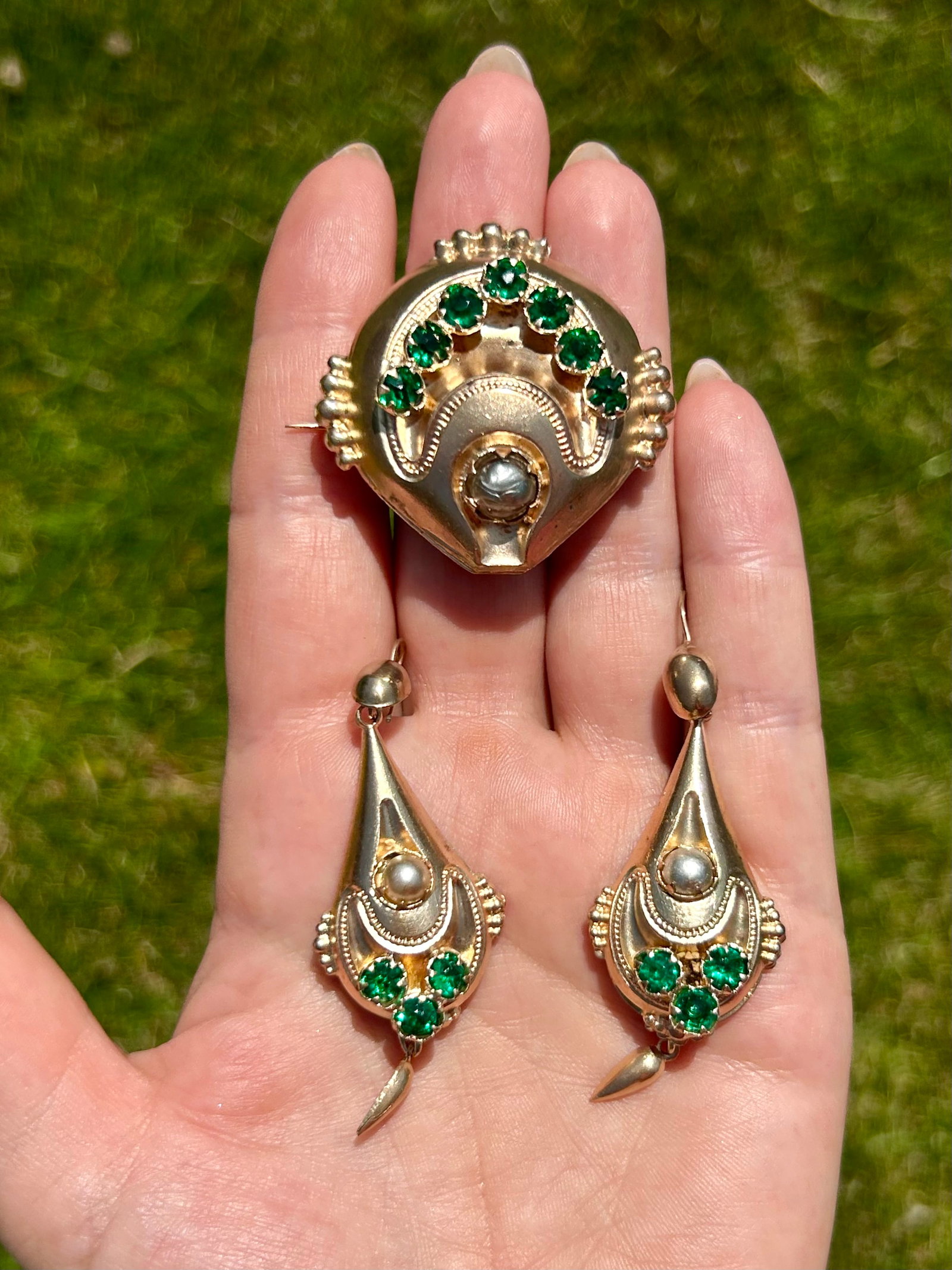 Antique Boxed Silver Gilt Large Gemset Brooch And Earrings Set - 3