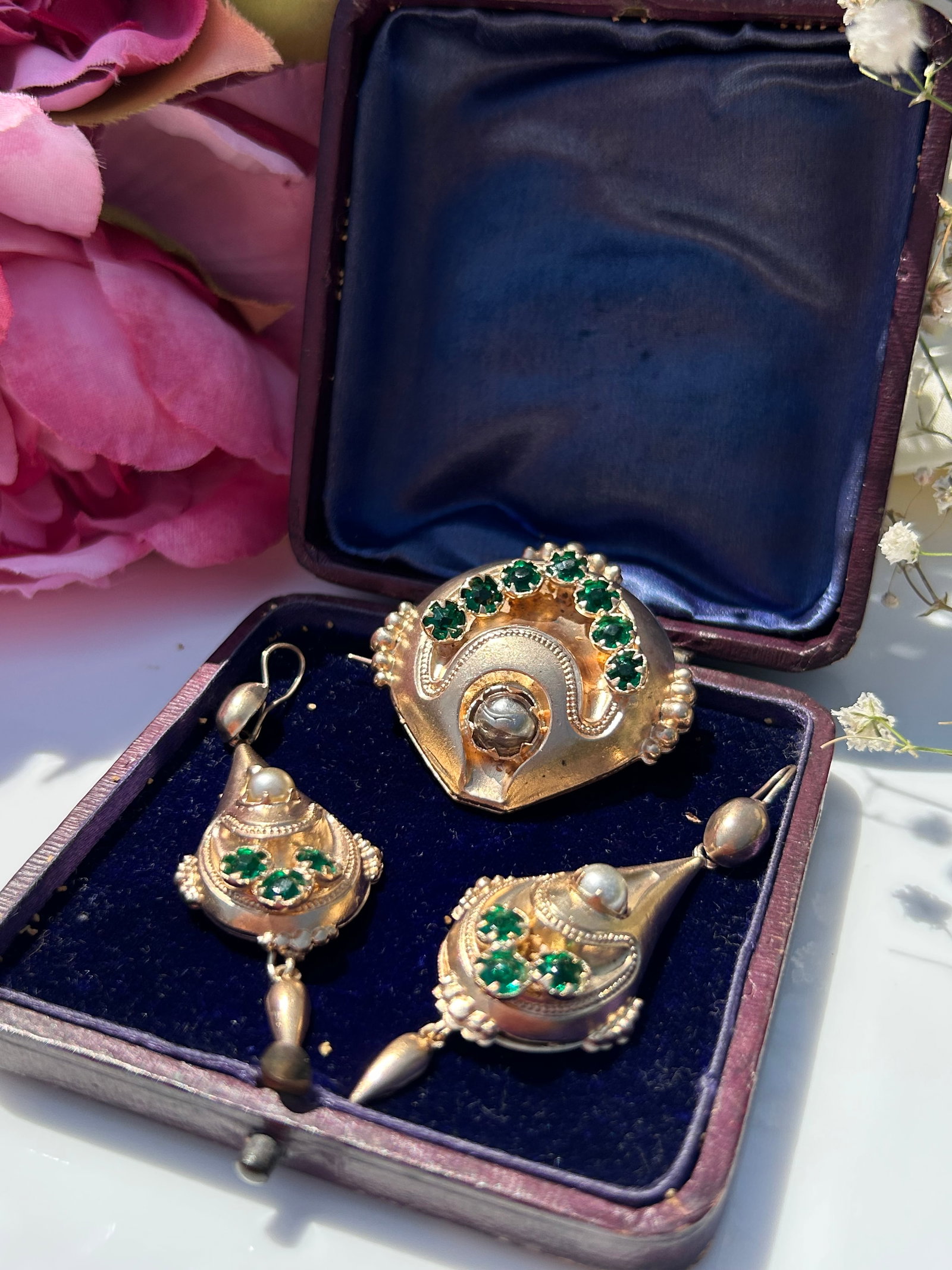 Antique Boxed Silver Gilt Large Gemset Brooch And Earrings Set - 4