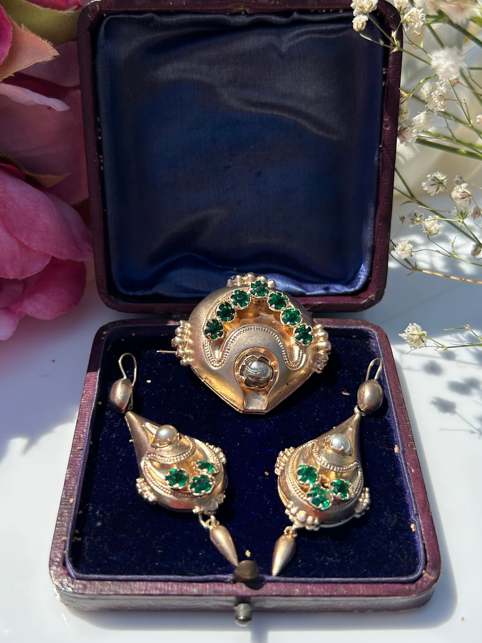 Antique Boxed Silver Gilt Large Gemset Brooch And Earrings Set - 6