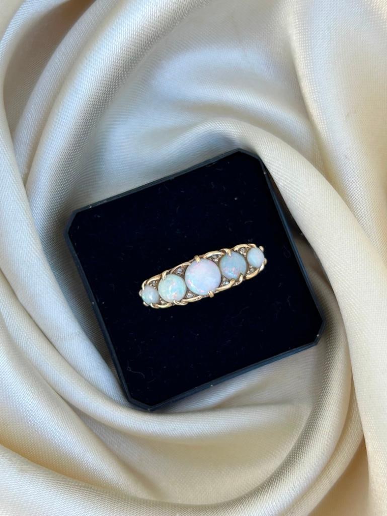Chunky 18ct Yellow Gold Opal Five Stone with Diamond Points - 6