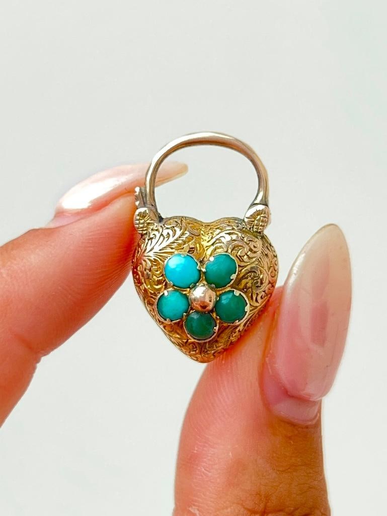 Antique gold turquoise flower locket back padlock pendant (1 of 5)
