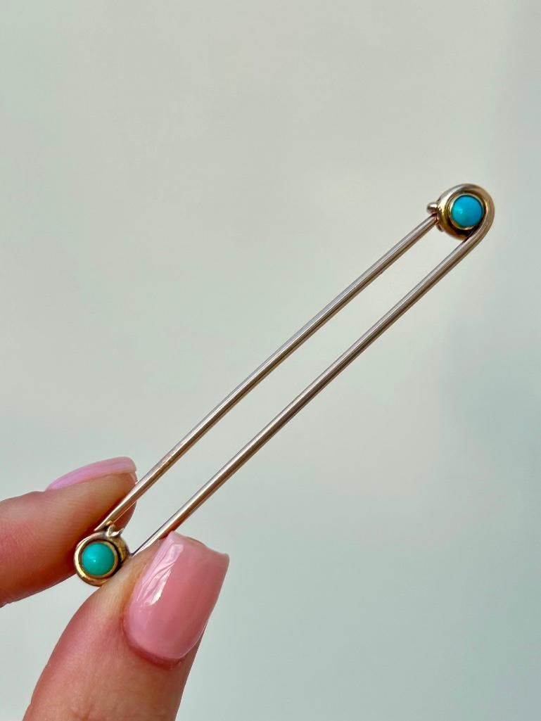 Antique Oversized Stock / Safety Pin Brooch with Turquoise: Antique Oversized Stock / Safety Pin Brooch with Turquoise truly charming turquoise pin Measurements: size 76mm x9mm weight 6.74g Materials: <