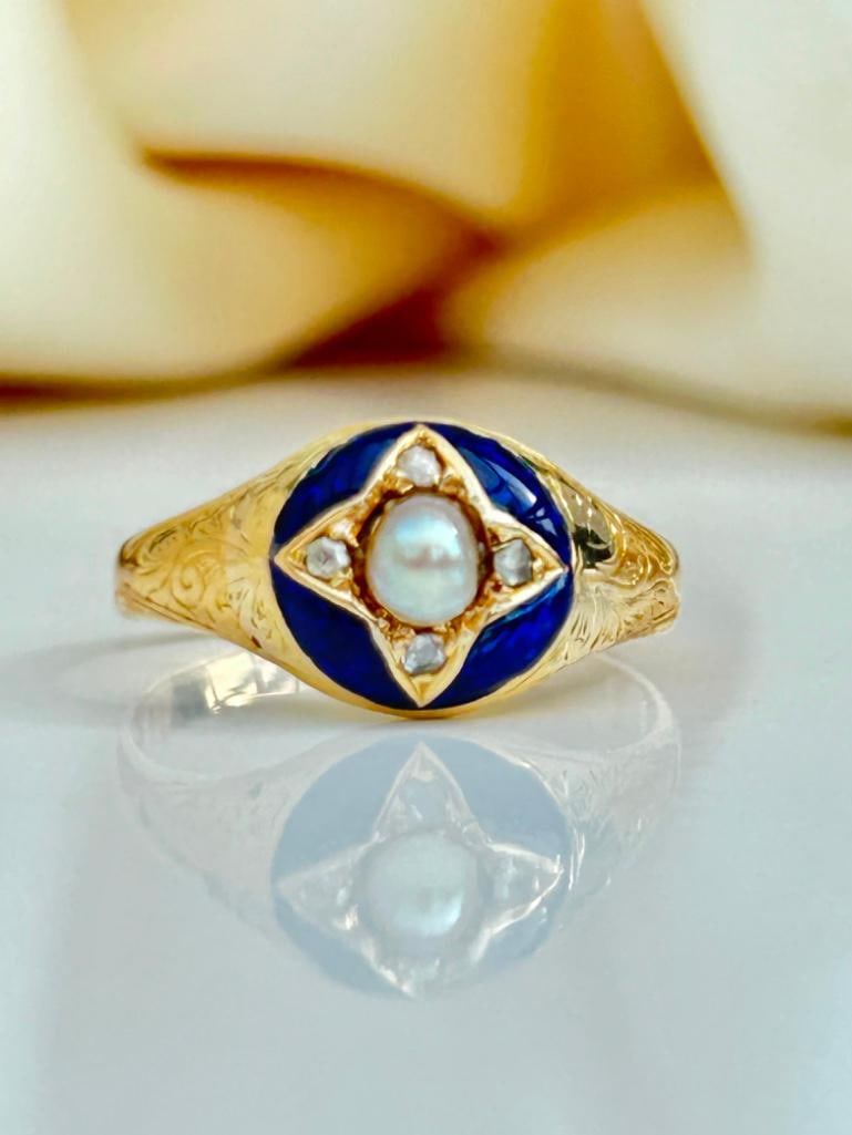 Antique Blue Enamel Diamond and Pearl Star Ring: Antique Blue Enamel Diamond and Pearl Star Ring truly charming and wonderful blue enamel diamond pearl star ring!! measurements size UK R US 8 3/4 head of ring 10mm x 10mm