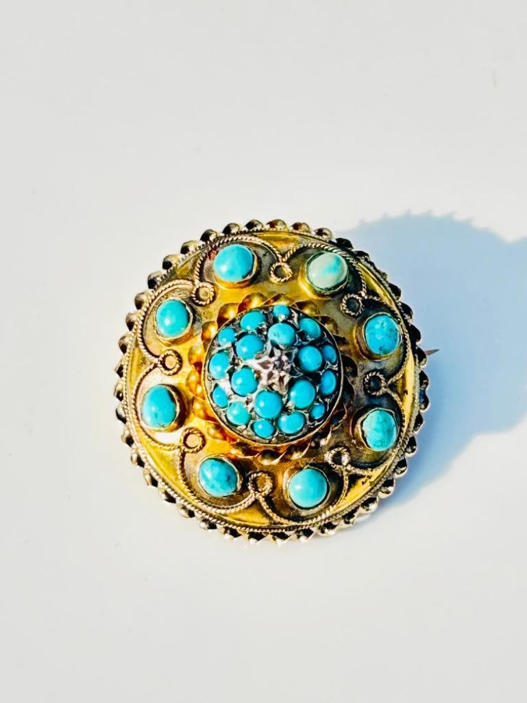 Large Victorian Era Antique Turquoise and Diamond 15ct Gold Dome Brooch: Large Victorian Era Antique Turquoise and Diamond 15ct Gold Dome Brooch amazing turquoise detail brooch, truly wonderful!! measurements size 31mm x 31mm weight 10.50g 