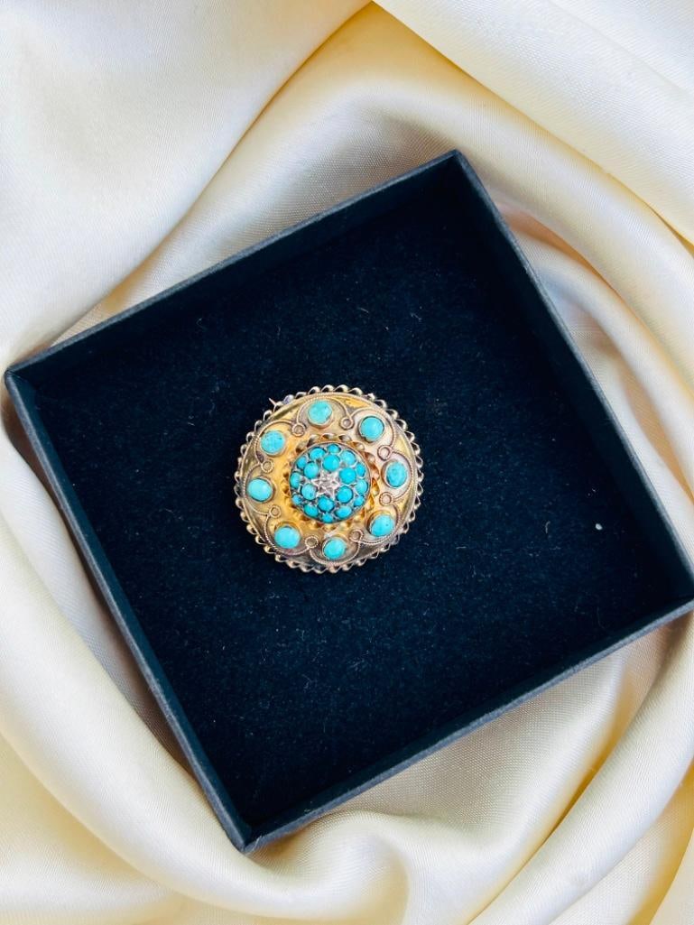 Large Victorian Era Antique Turquoise and Diamond 15ct Gold Dome Brooch - 3