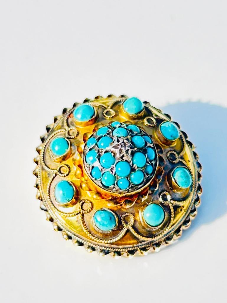 Large Victorian Era Antique Turquoise and Diamond 15ct Gold Dome Brooch - 4