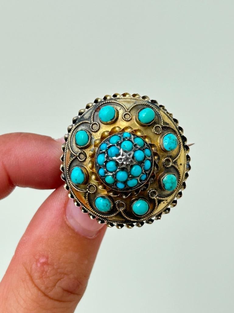 Large Victorian Era Antique Turquoise and Diamond 15ct Gold Dome Brooch - 6