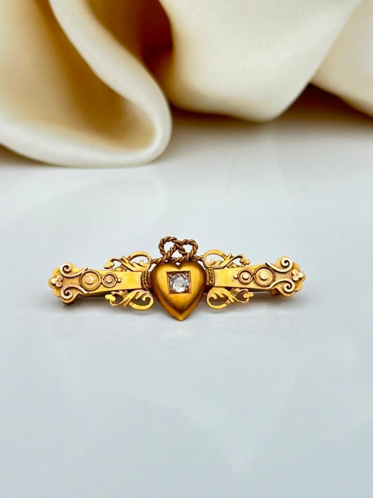 Antique 15ct Yellow Gold Diamond Heart Bar Brooch Pin - 5