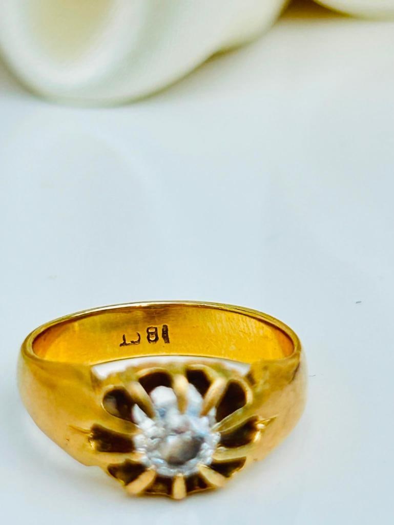 Antique Heavy Chunky 18ct Yellow Gold Buttercup / Belcher 40pts Diamond Ring - 6
