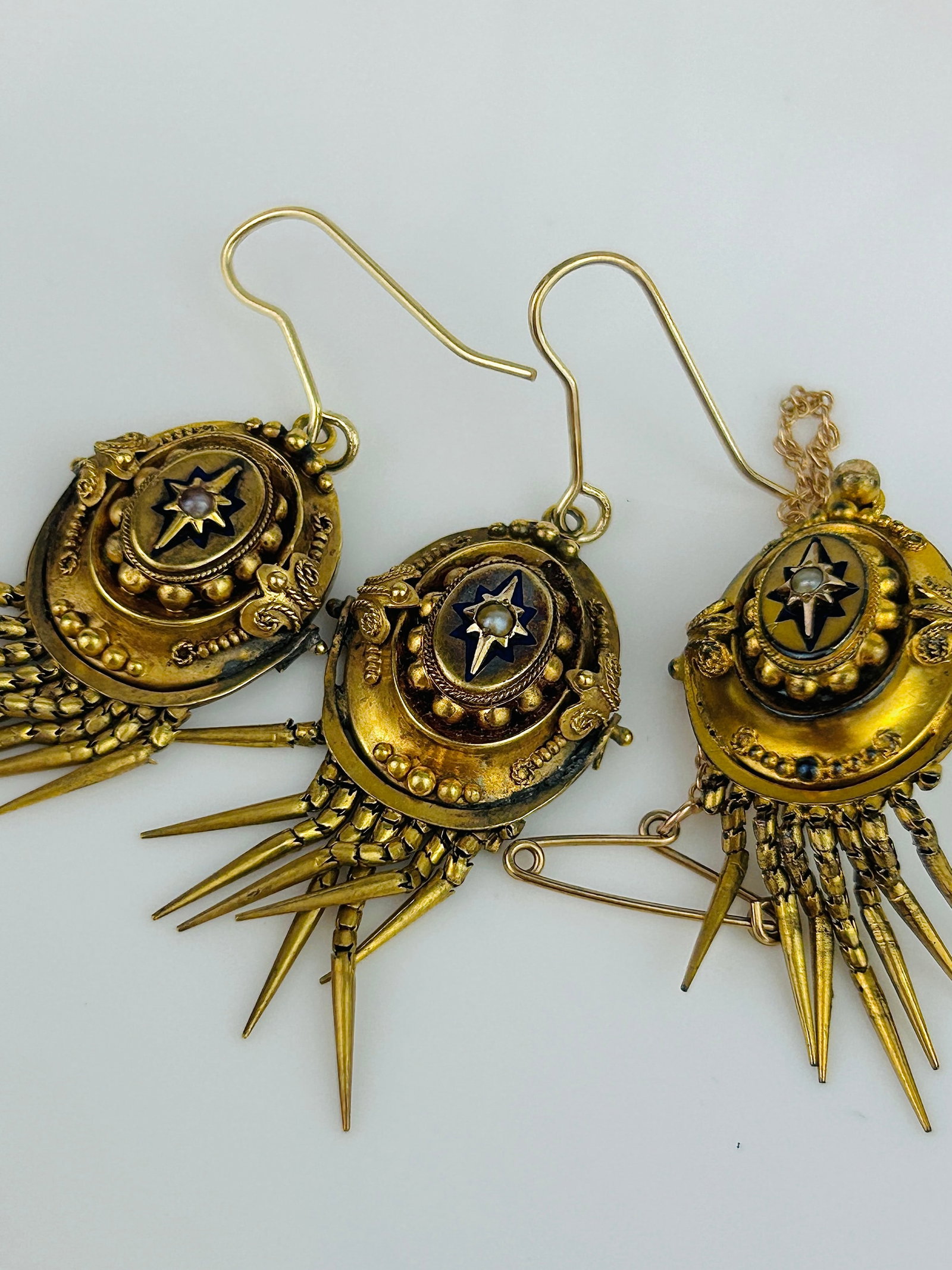 Victorian Pearl and Blue Enamel Star, Fringe Detail 15ct Gold Earrings and Brooch Set - 8