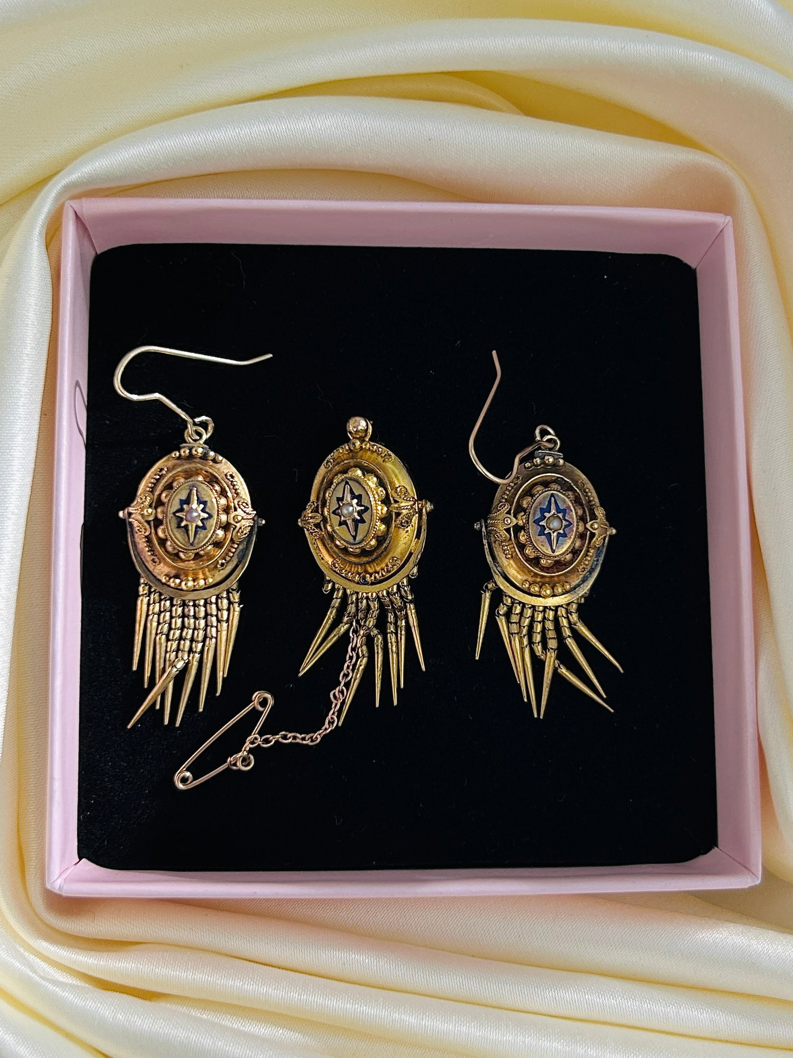 Victorian Pearl and Blue Enamel Star, Fringe Detail 15ct Gold Earrings and Brooch Set - 9