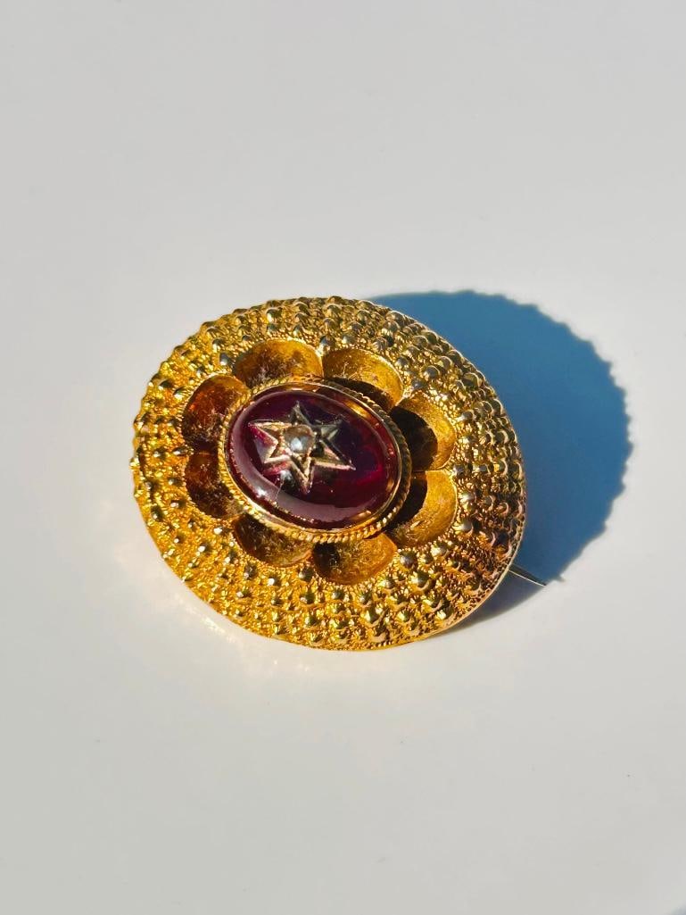Antique 15ct yellow gold garnet and pearl star brooch with locket back (1 of 7)