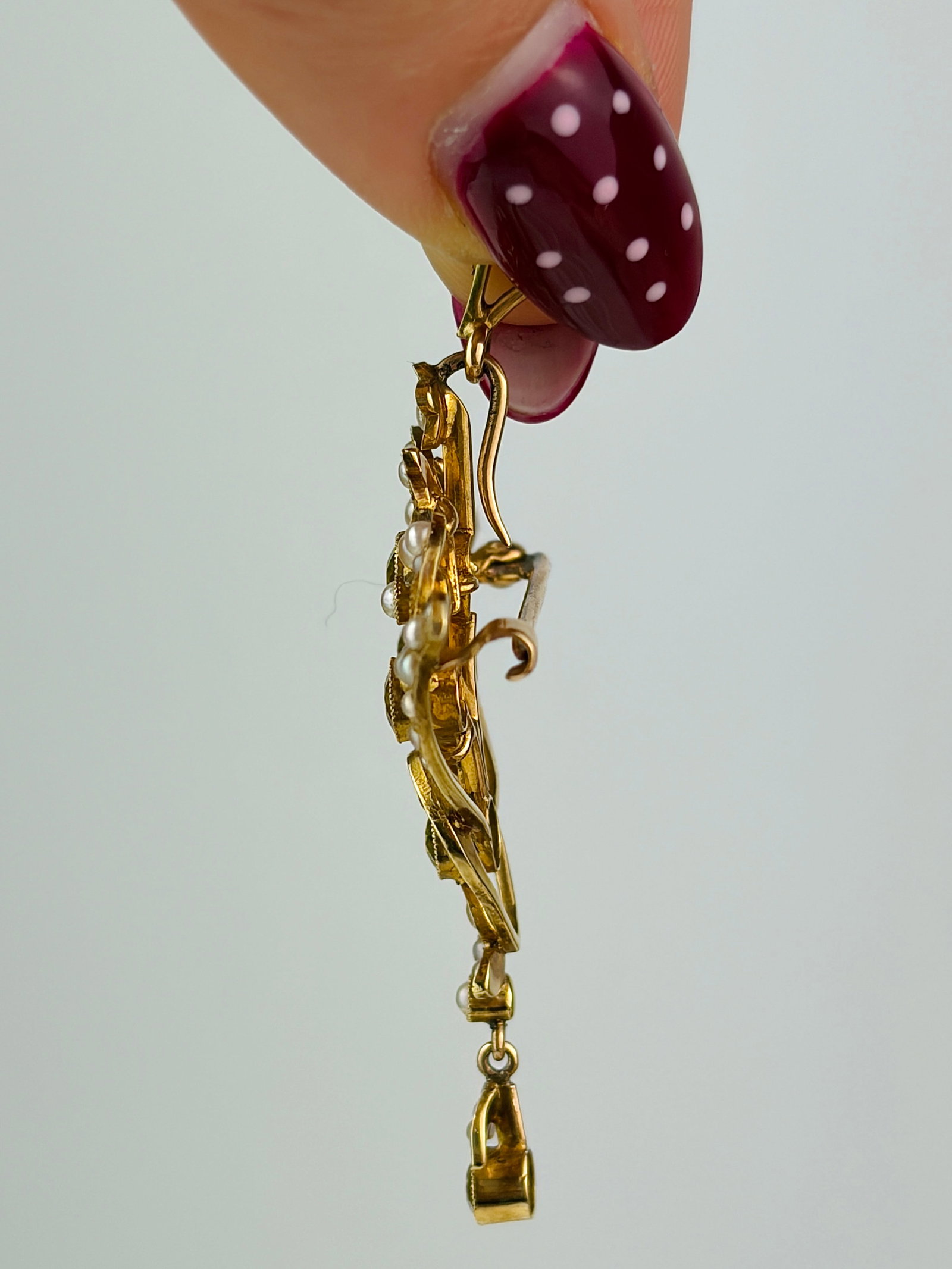 ANTIQUE 15CT YELLOW GOLD PERIDOT AND PEARL BROOCH / PENDANT - 4