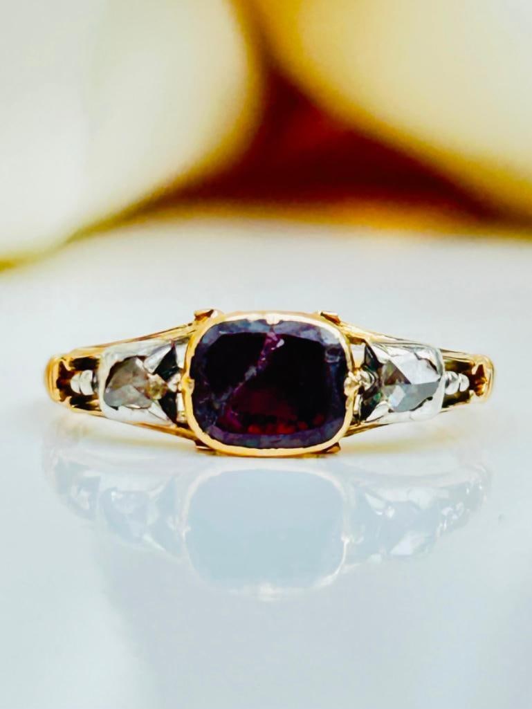 Georgian Era Flat Cut Garnet and Diamond Yellow Gold Ring: Georgian Era Flat Cut Garnet and Diamond Yellow Gold Ring charming georgian garnet ring, truly special measurements size UK N US 7 head of ring 13mm x 5mm weight 2.25g