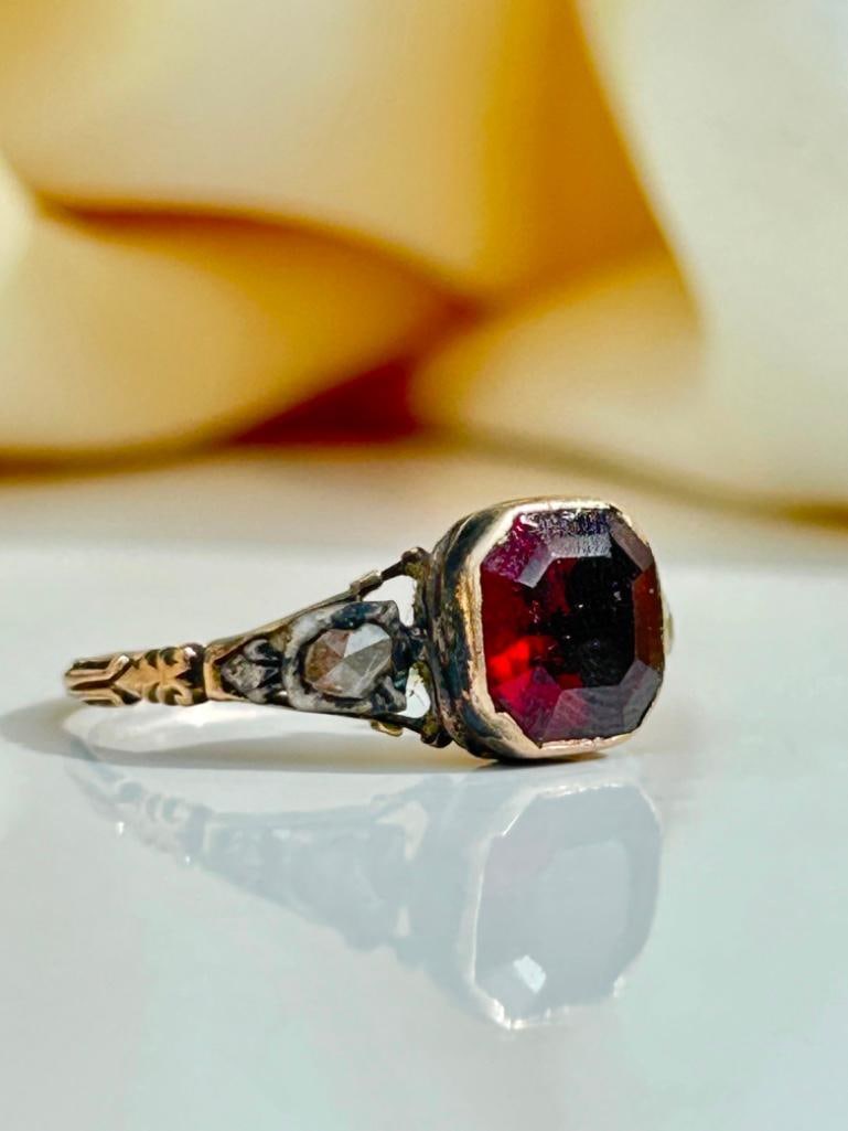 Georgian Era Garnet and Diamond Gold Ring: Georgian Era Garnet and Diamond Gold Ring the most gorgeous glowing garnet with diamond shoulders, incredible georgian design!! measurements size UK P US 8 head of ring 17mm x 8mm