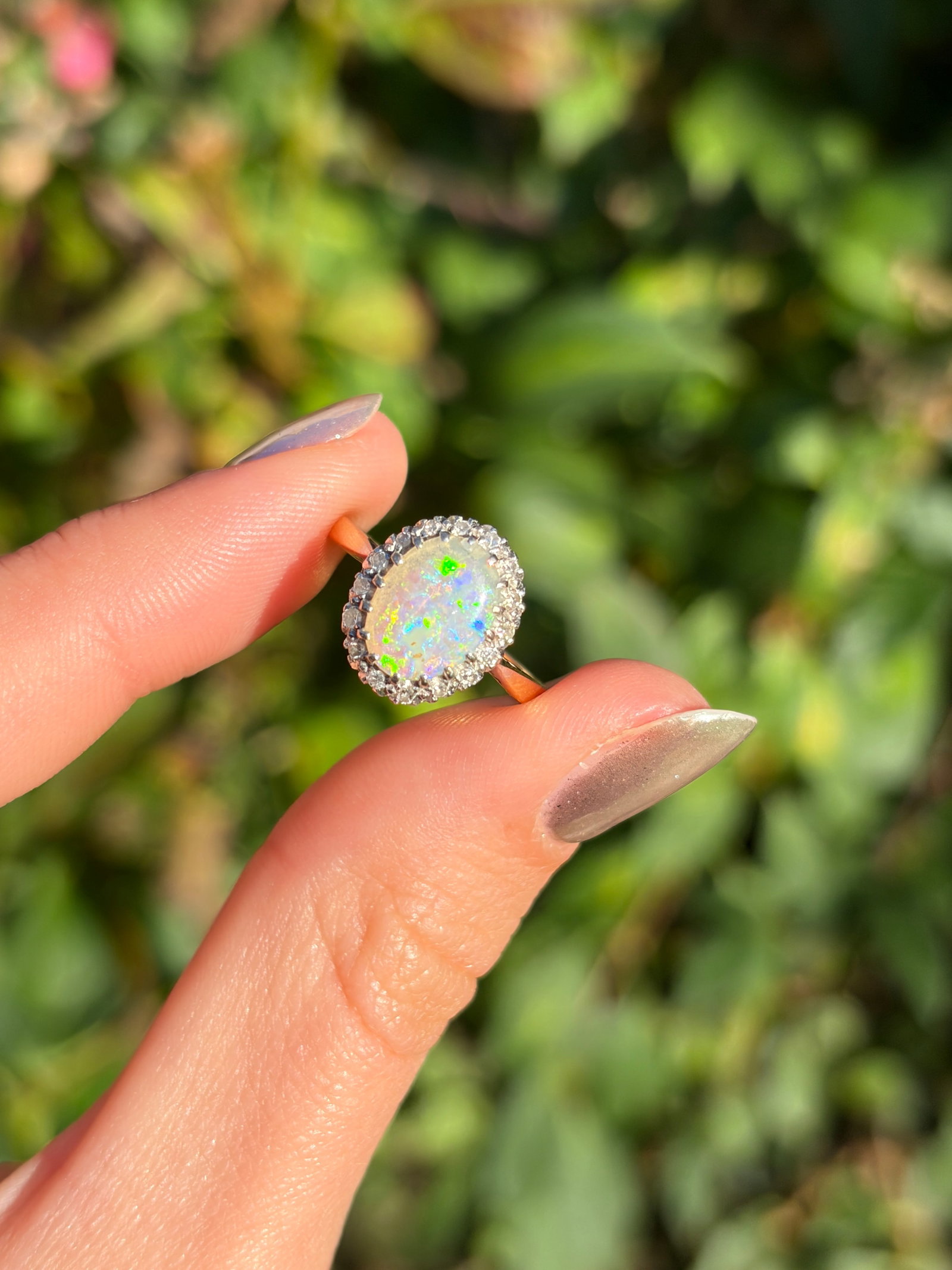 Antique 18ct Yellow Gold Opal and Diamond Halo Ring - 5