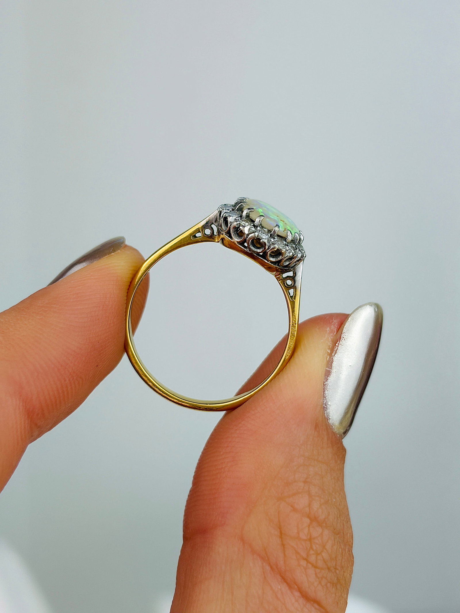 Antique 18ct Yellow Gold Opal and Diamond Halo Ring - 6