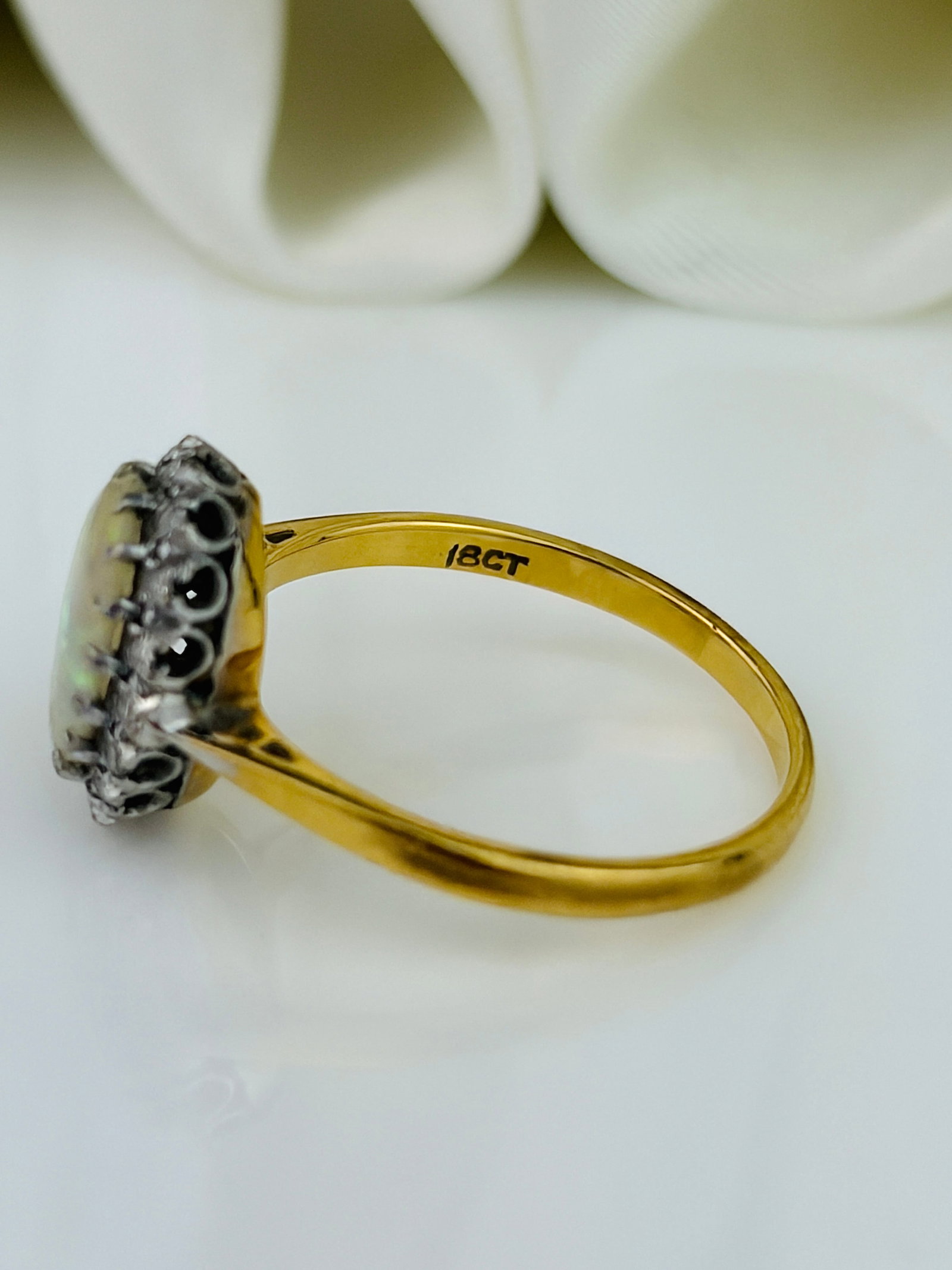 Antique 18ct Yellow Gold Opal and Diamond Halo Ring - 8