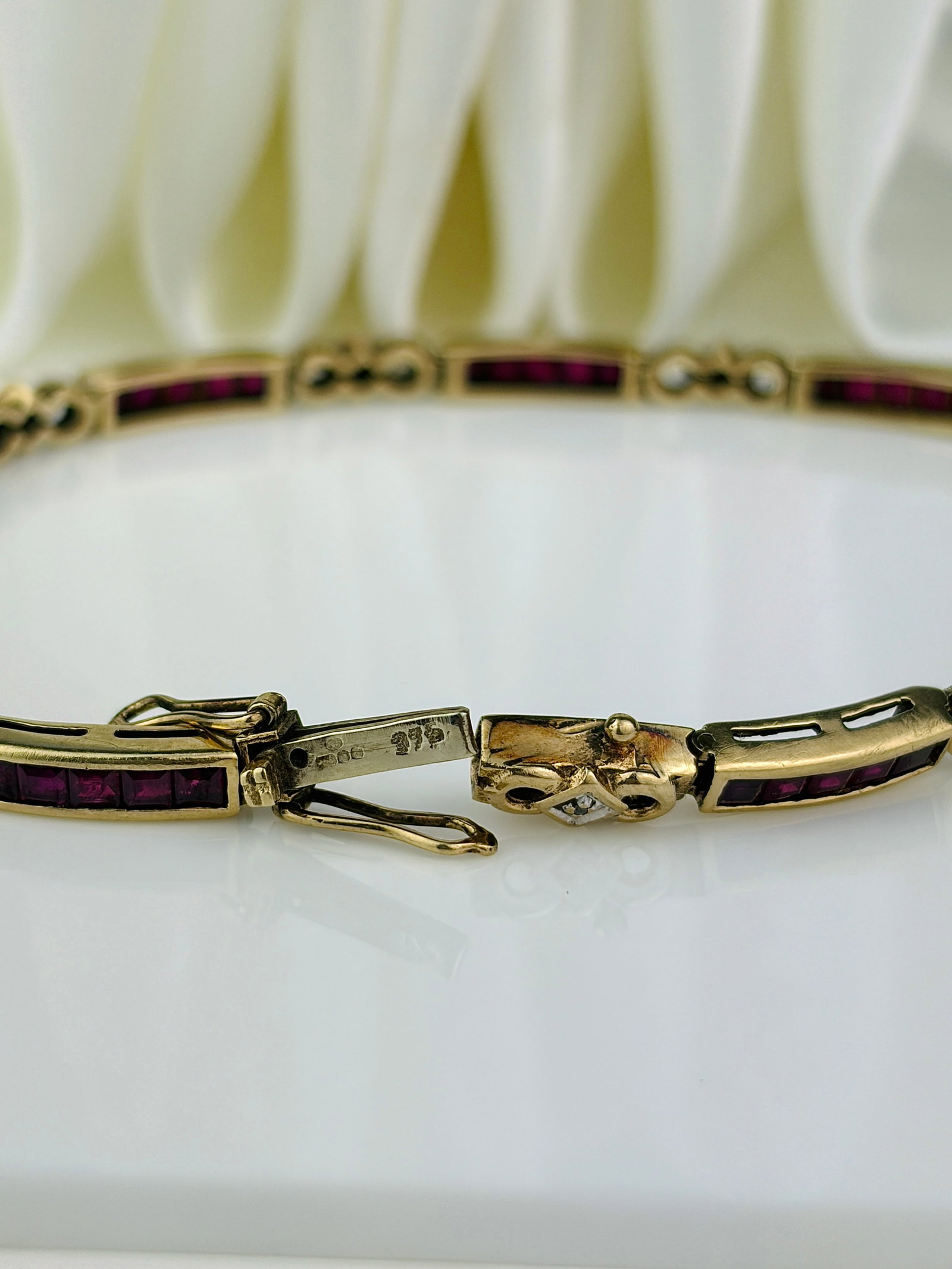 VINTAGE 9CT YELLOW GOLD RUBY AND DIAMOND LINE BRACELET - 2