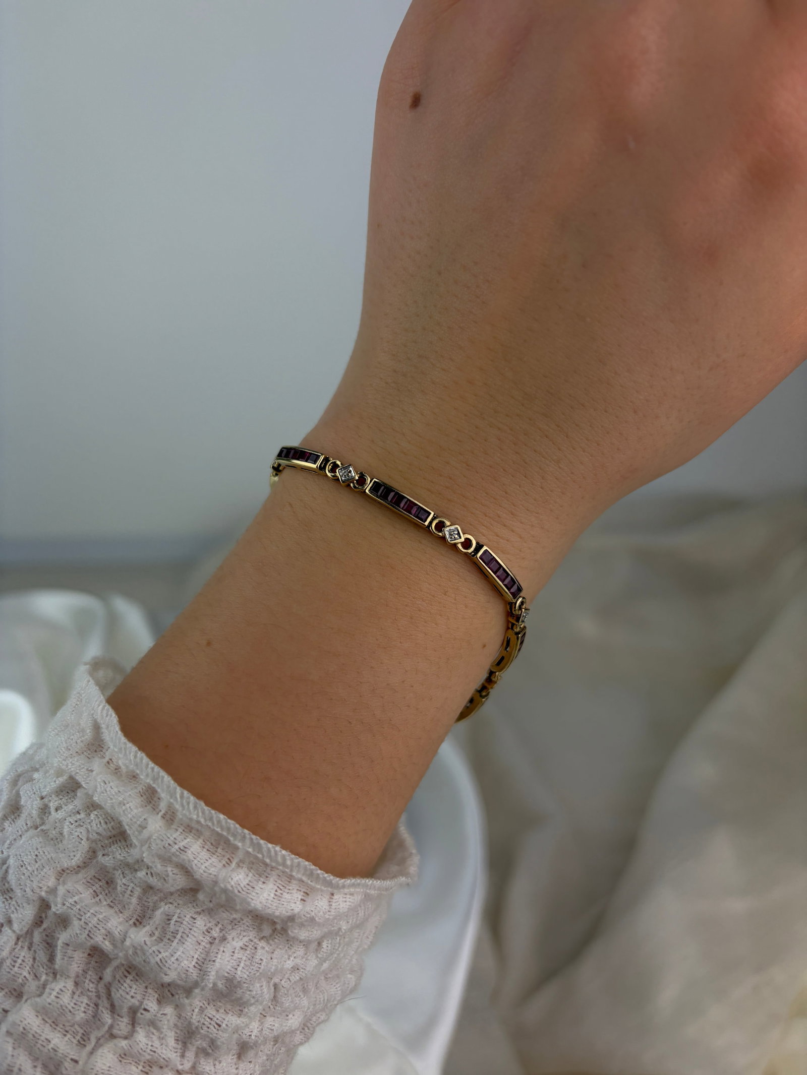 VINTAGE 9CT YELLOW GOLD RUBY AND DIAMOND LINE BRACELET - 4