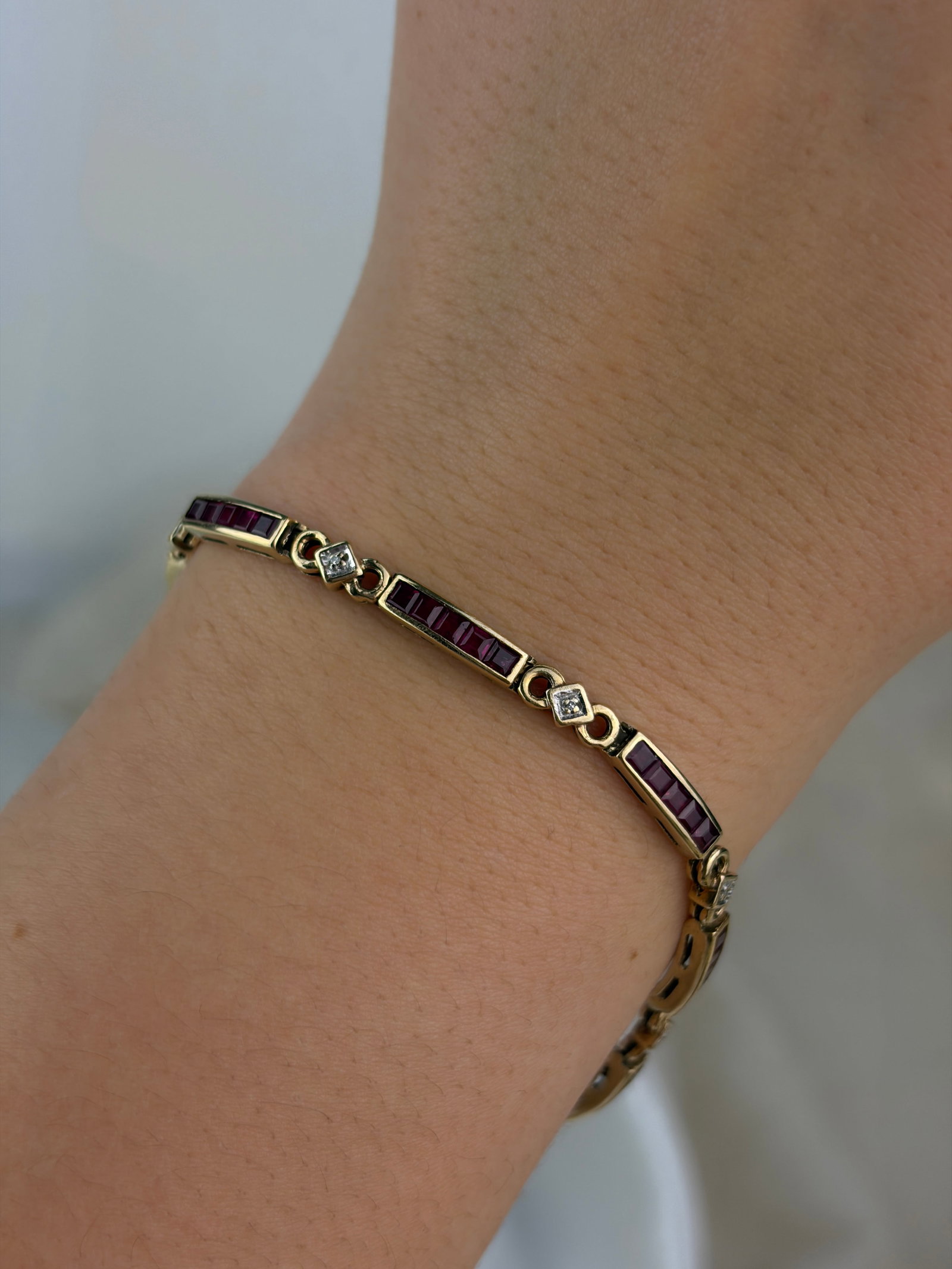 VINTAGE 9CT YELLOW GOLD RUBY AND DIAMOND LINE BRACELET - 5