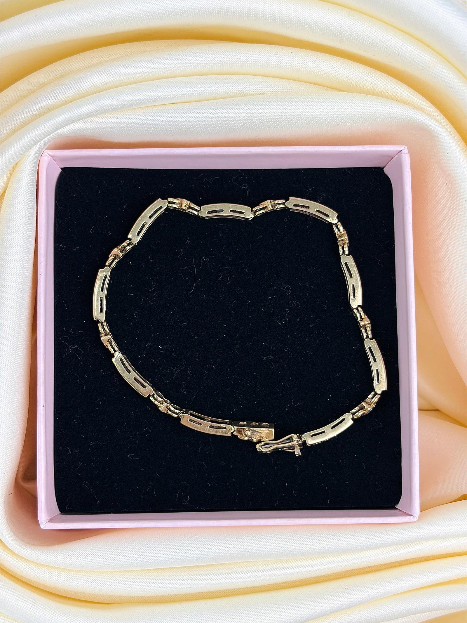 VINTAGE 9CT YELLOW GOLD RUBY AND DIAMOND LINE BRACELET - 6