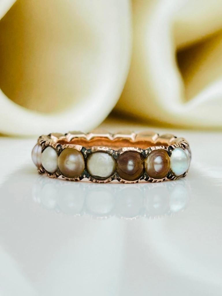 Georgian Era Pearl Full Eternity Band Ring in Yellow Gold: Georgian Era Pearl Full Eternity Band Ring in Yellow Gold pretty pearl eternity measurements size uk L1/2 us 6 band width 4mm Weight: 2.16g mat