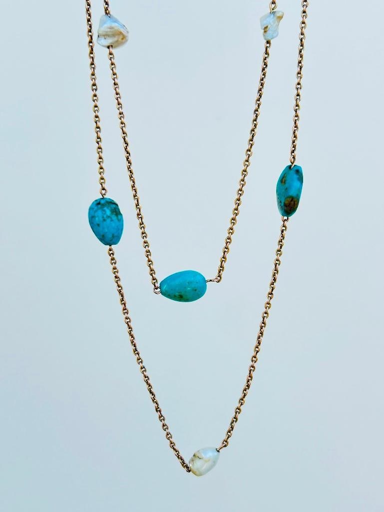Wonderful Gold Barque Pearl and Turquoise Longguard Chain Necklace:  Wonderful Gold Barque Pearl and Turquoise Longguard Chain Necklace the most beautiful necklace measurements length 125cm weight 30.13g materials 