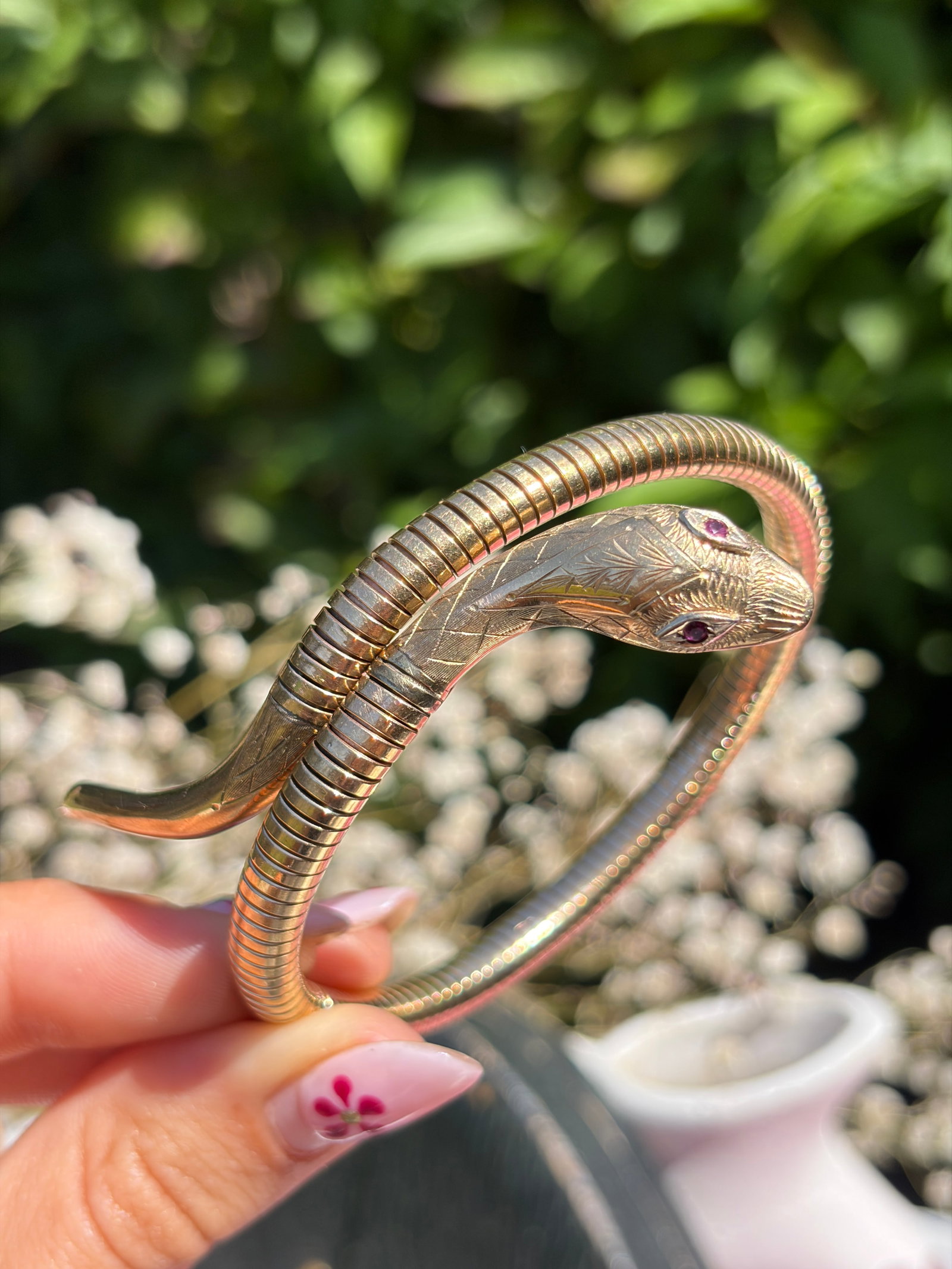 VINTAGE C&F 9CT GOLD GAS PIPE COILED SNAKE BANGLE BRACELET WITH RUBY EYES - 11