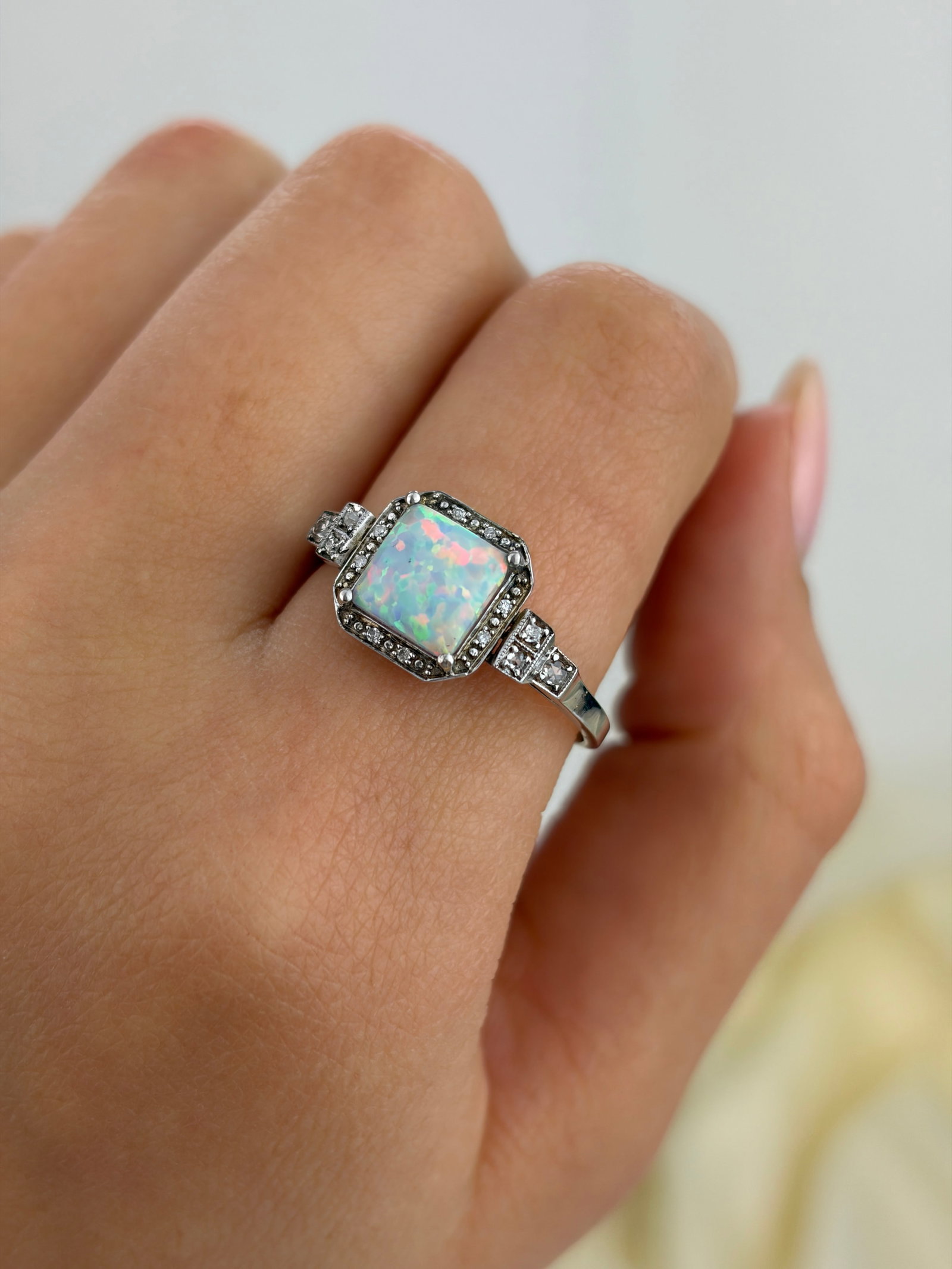 VINTAGE 18CT WHITE GOLD OPAL AND DIAMOND RING - 8