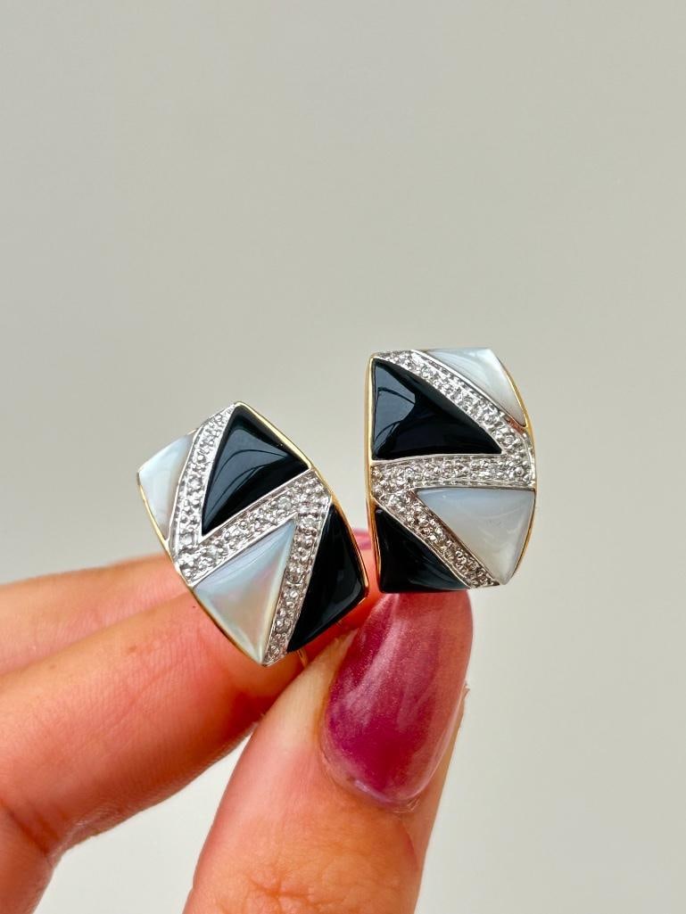 Incredible Vintage Onyx, mother of pearl and diamond 18ct Gold Earrings - 5