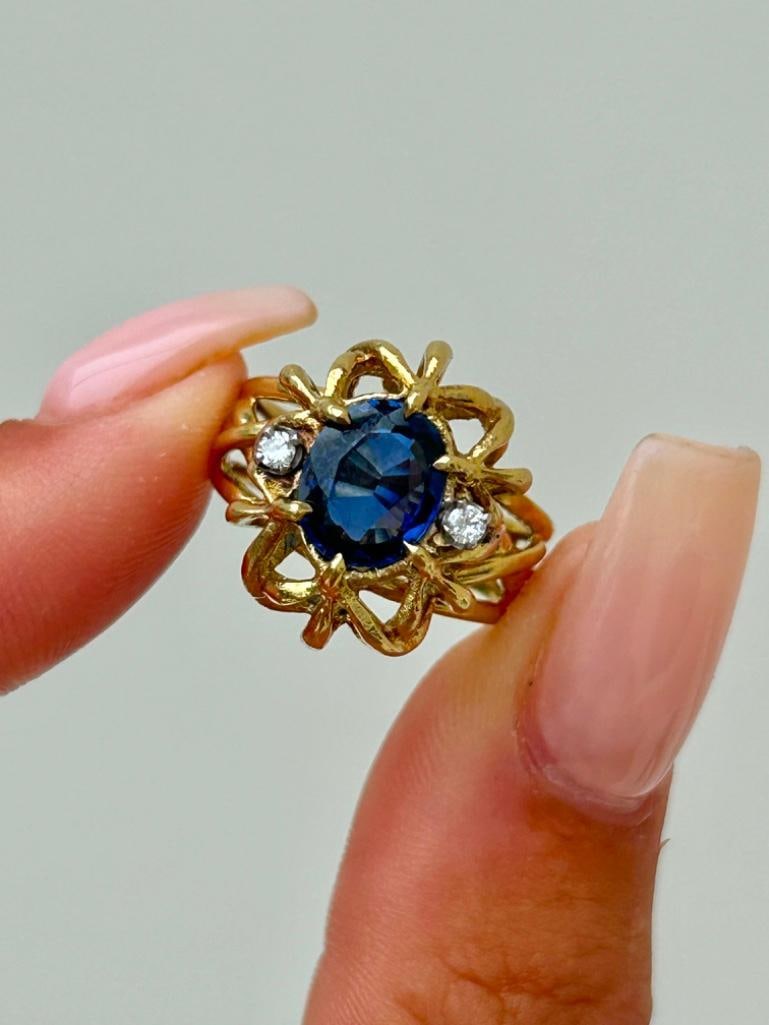 Vintage 18ct Yellow Gold Sapphire and Diamond Ring Band: Vintage 18ct Yellow Gold Sapphire and Diamond Ring Band stylish large dress ring! measurements size UK M US 61/2 head of ring 17mm x 14mm weight 6.83g stamped