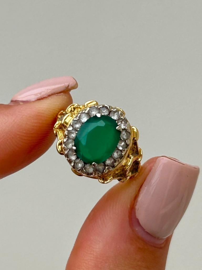 Chunky Emerald and Diamond Gold Dress Ring: Chunky Emerald and Diamond Gold Dress Ring exceptional!! truly exquisite ring measurements size UK J1/2 US 51/4 head of ring 14mm x 10mm weight 5g mate