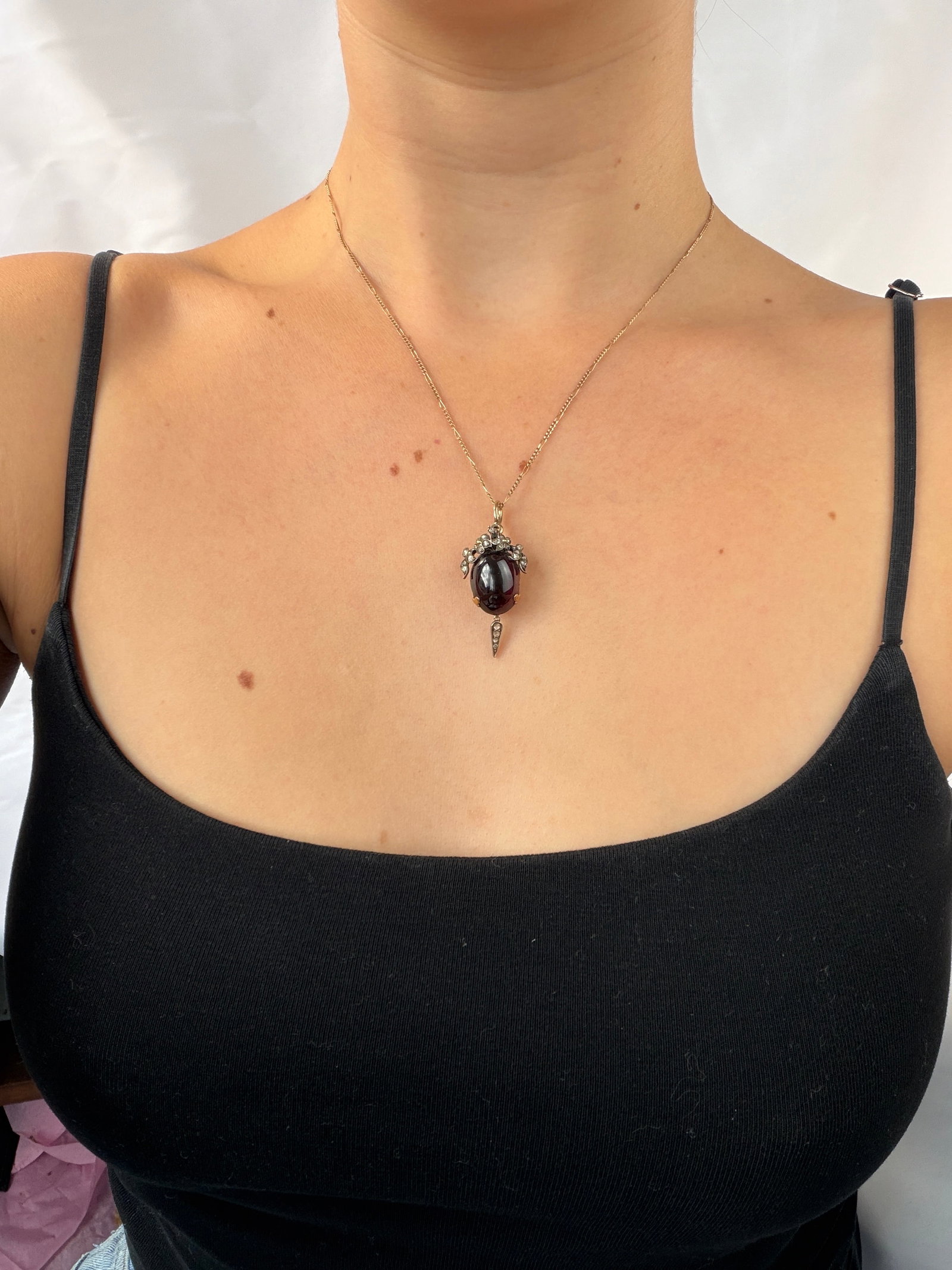 Victorian Boxed Cabochon Garnet and Rose Cut Diamond Locket Back Pendant in Gold - 10
