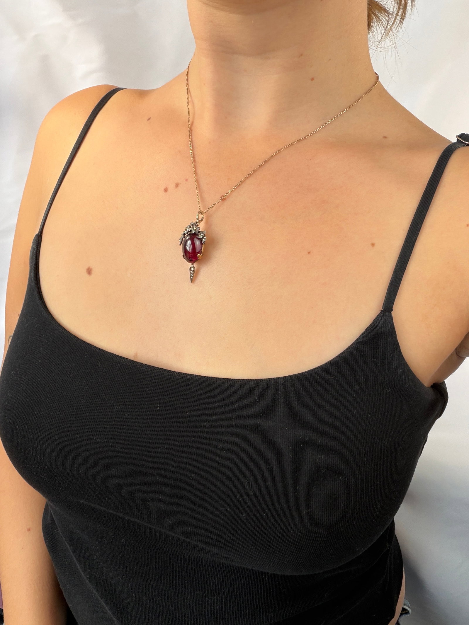 Victorian Boxed Cabochon Garnet and Rose Cut Diamond Locket Back Pendant in Gold - 11