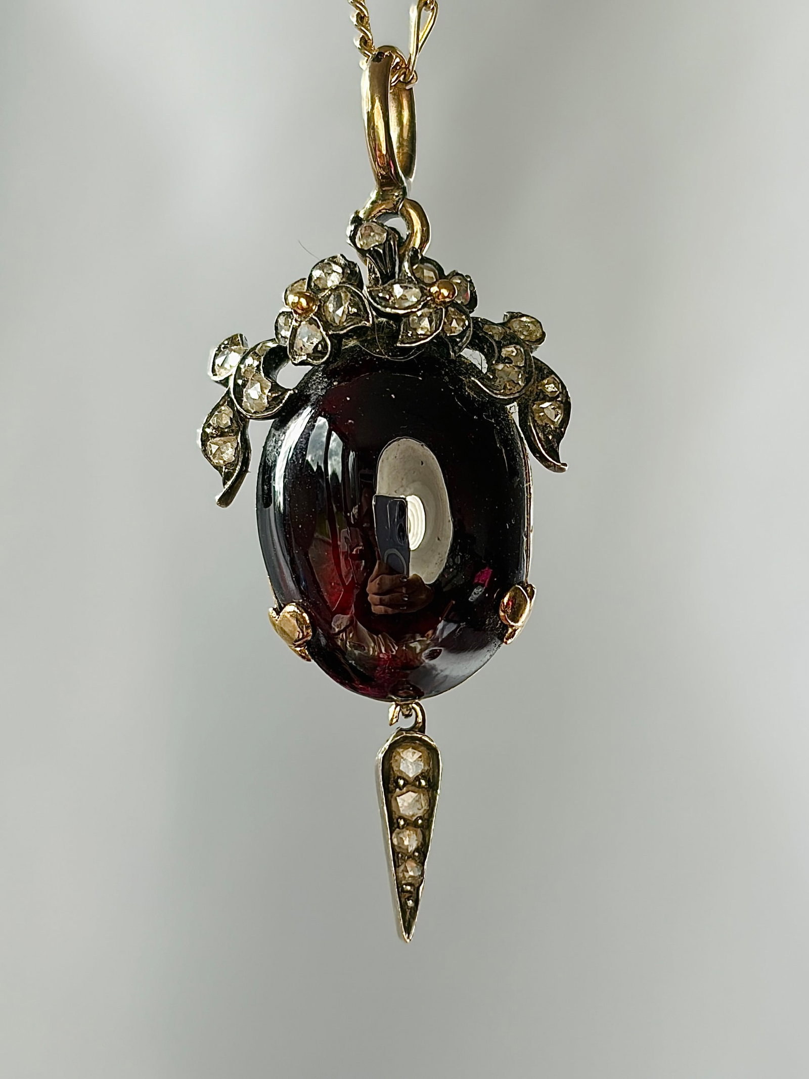 Victorian Boxed Cabochon Garnet and Rose Cut Diamond Locket Back Pendant in Gold - 13