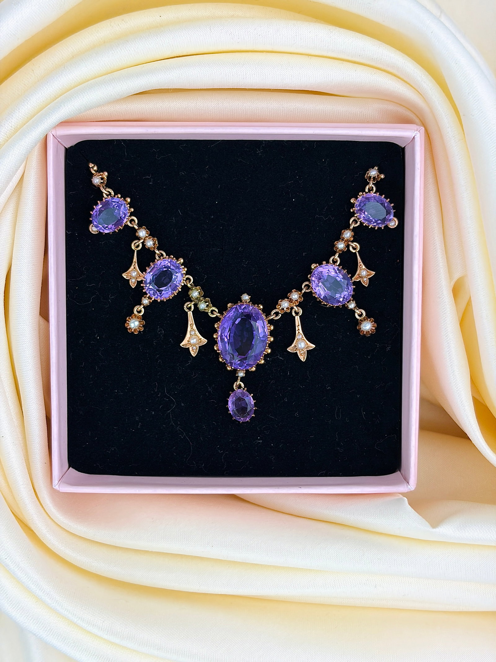 ANTIQUE 14CT YELLOW GOLD AMETHYST AND PEARL FRINGE NECKLACE - 5